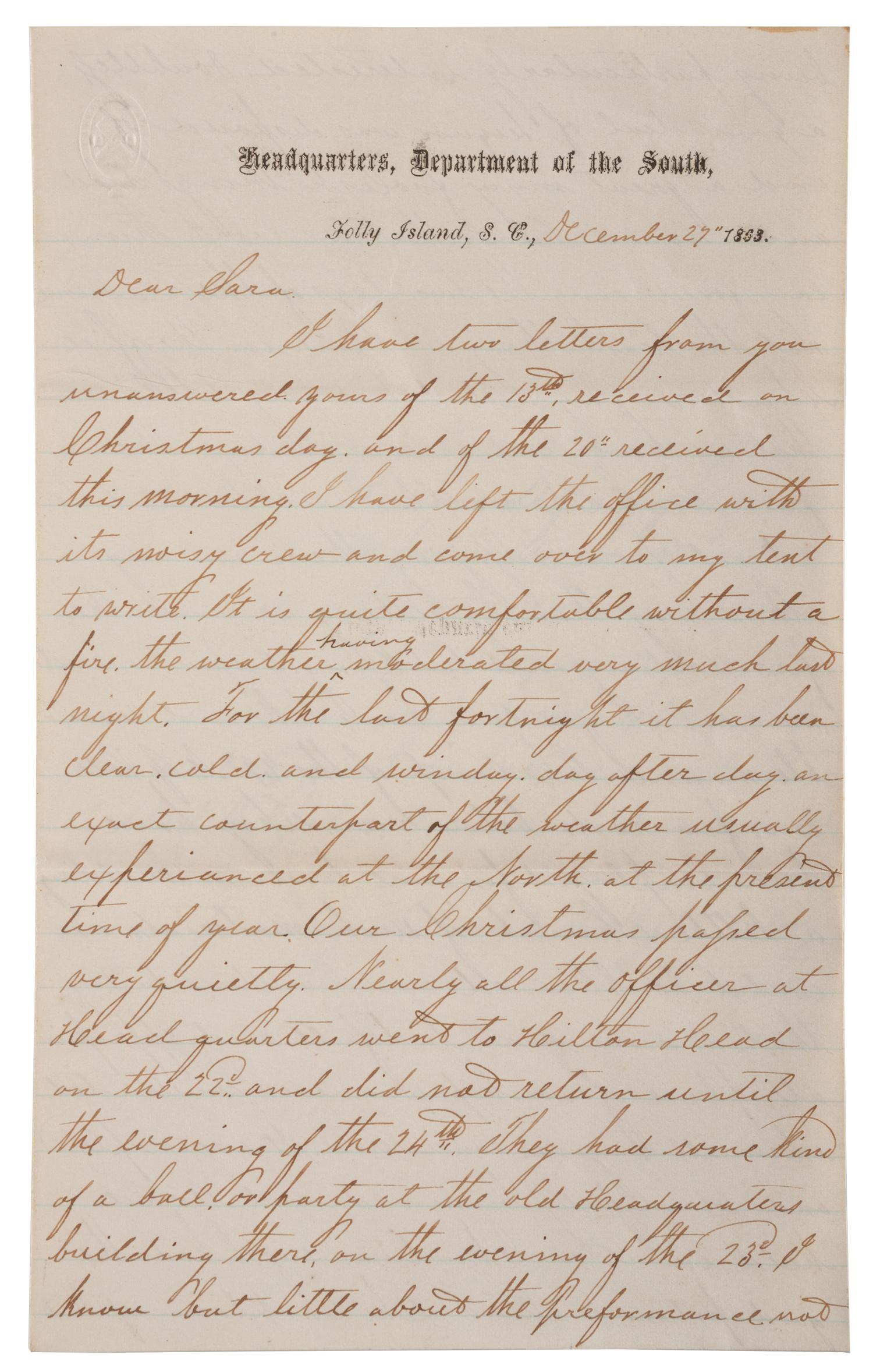 [CIVIL WAR]. War-date letters of Corporal Edwin J. Barden, 7th Regiment Connecticut Volunteer Infantry, combat soldier and later clerk at Headquarters Department of the South, Headquarters X Corps, and Headquarters US Army, Office of Chief Commissary.
