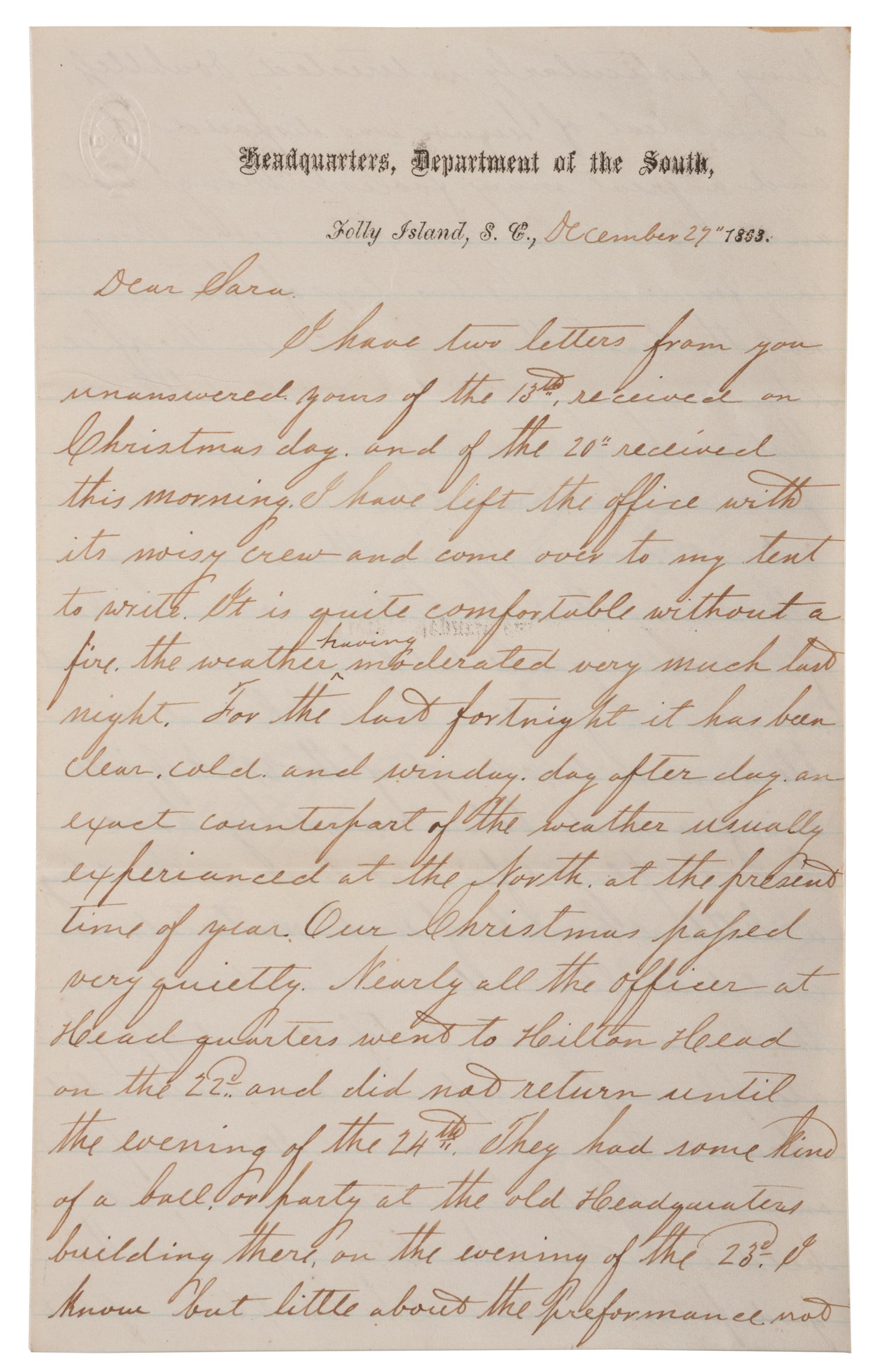 [CIVIL WAR]. War-date letters of Corporal Edwin J. Barden, 7th Regiment Connecticut Volunteer Infantry, combat soldier and later clerk at Headquarters Department of the South, Headquarters X Corps, and Headquarters US Army, Office of Chief Commissary.