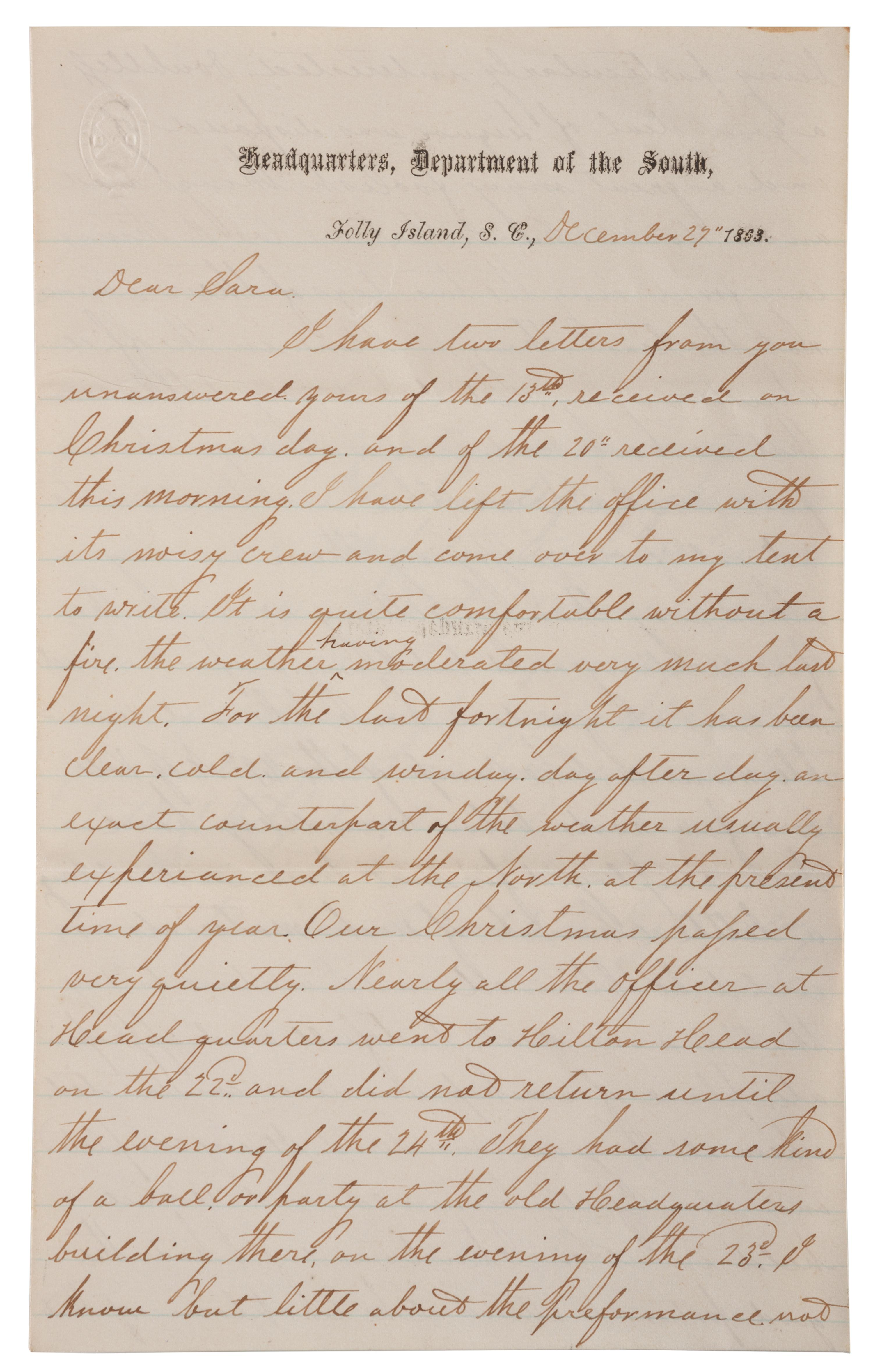 [CIVIL WAR]. War-date letters of Corporal Edwin J. Barden, 7th Regiment Connecticut Volunteer Infantry, combat soldier and later clerk at Headquarters Department of the South, Headquarters X Corps, and Headquarters US Army, Office of Chief Commissary.