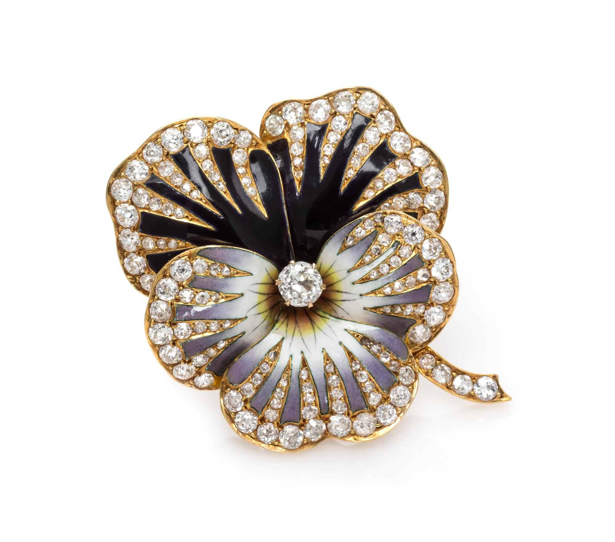 A Victorian Yellow Gold, Diamond and Polychrome Enamel Pansy Pendant/Brooch, 13.05 dwts.