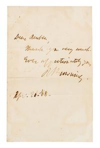 BROWNING, Robert (1812-1889). Autograph note signed ("R Browning"), to Reuben. n.p., 26 April 1868.
