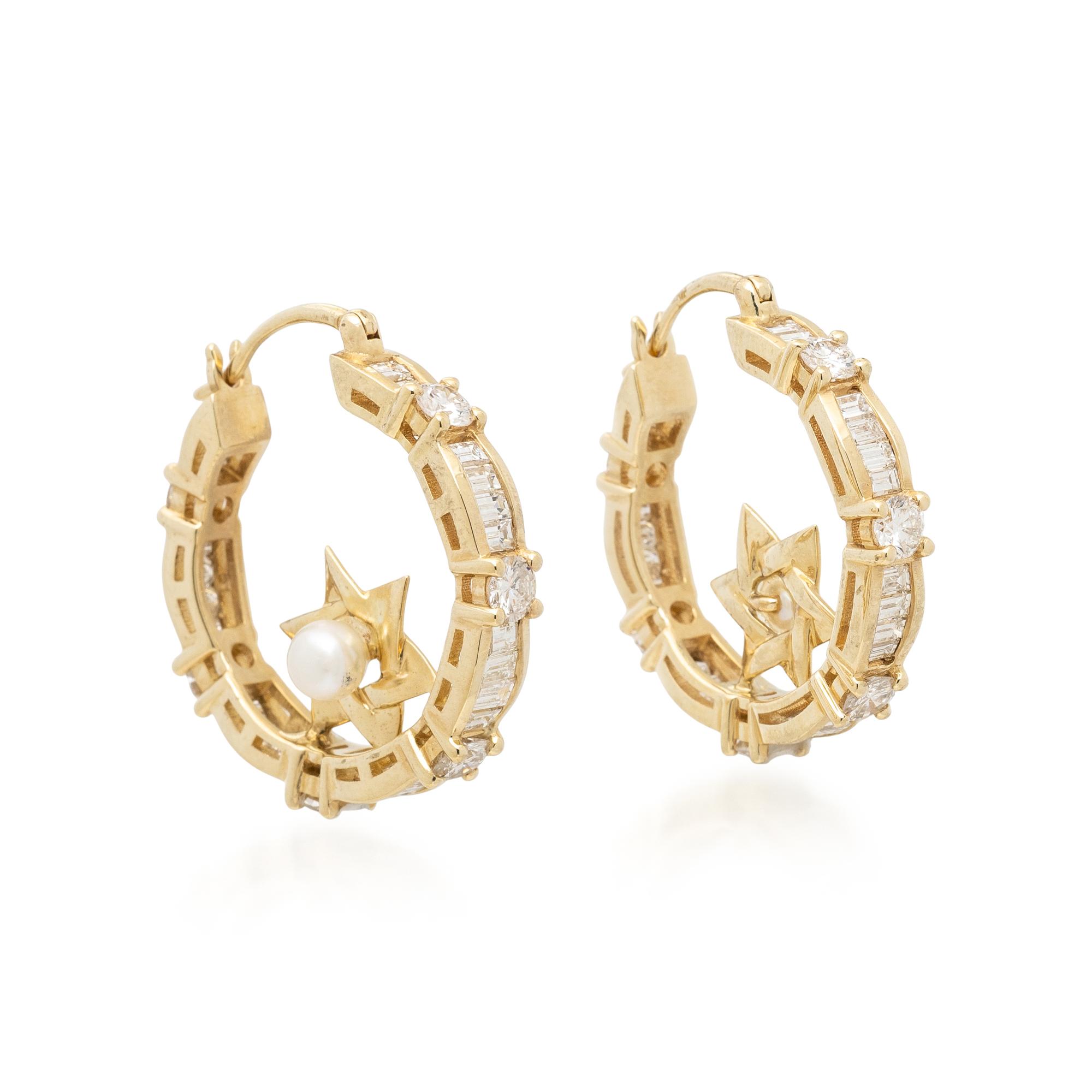 YELLOW GOLD, DIAMOND, AND CULTURED PEARL HOOP EARRINGS