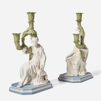 A Pair of Wedgwood Tricolor Jasperware Diana and Minerva Candlesticks UK, circa 2000