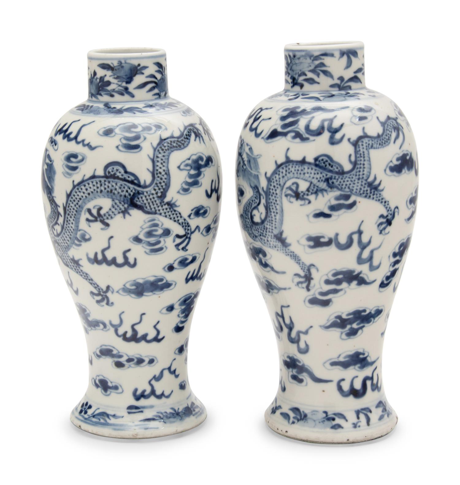 A Pair of Chinese Blue and White Porcelain Baluster Vases