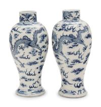 A Pair of Chinese Blue and White Porcelain Baluster Vases