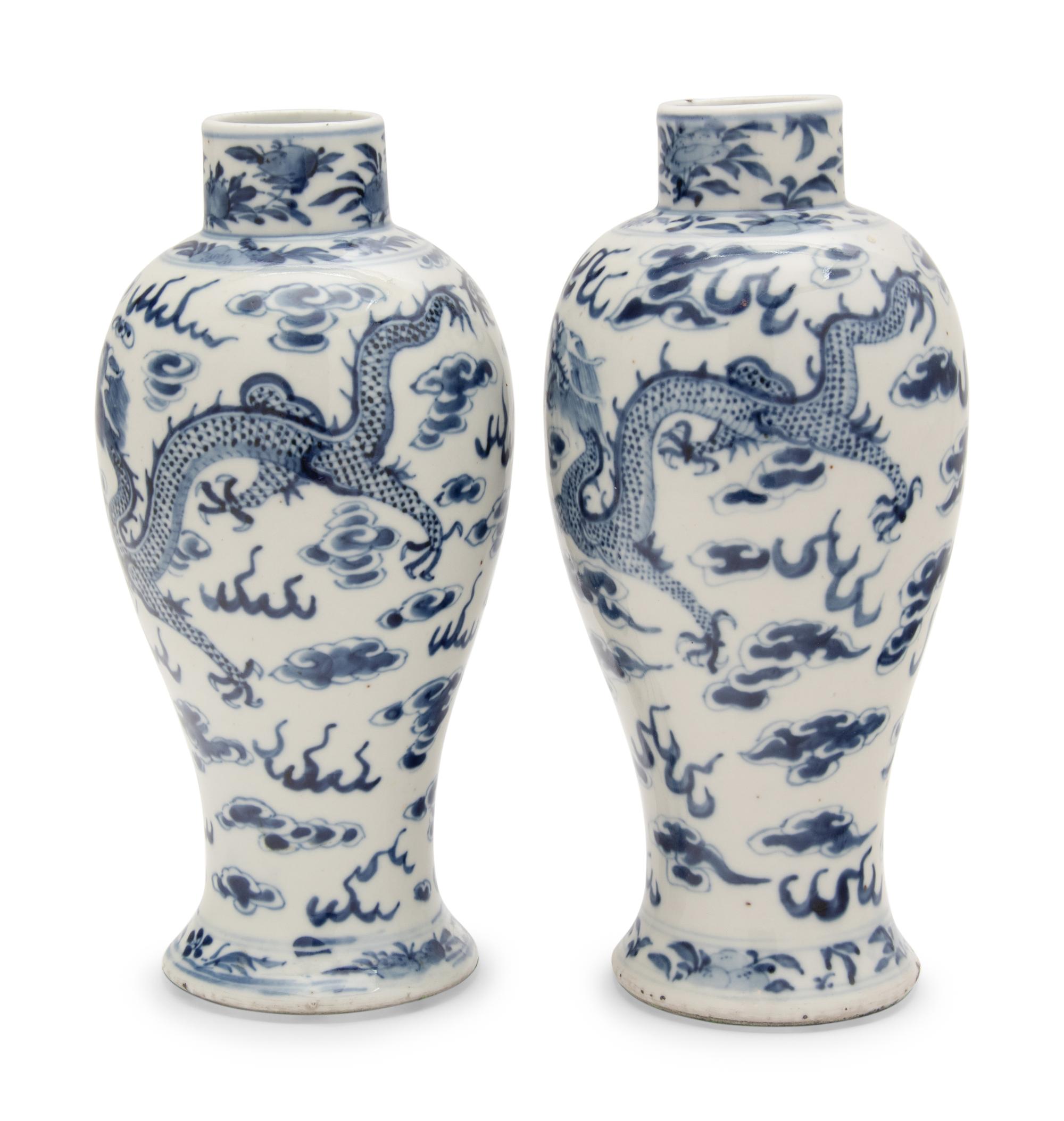 A Pair of Chinese Blue and White Porcelain Baluster Vases