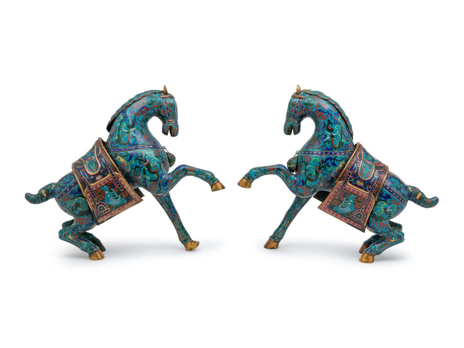 A Pair of Chinese Cloisonne Models of Horses