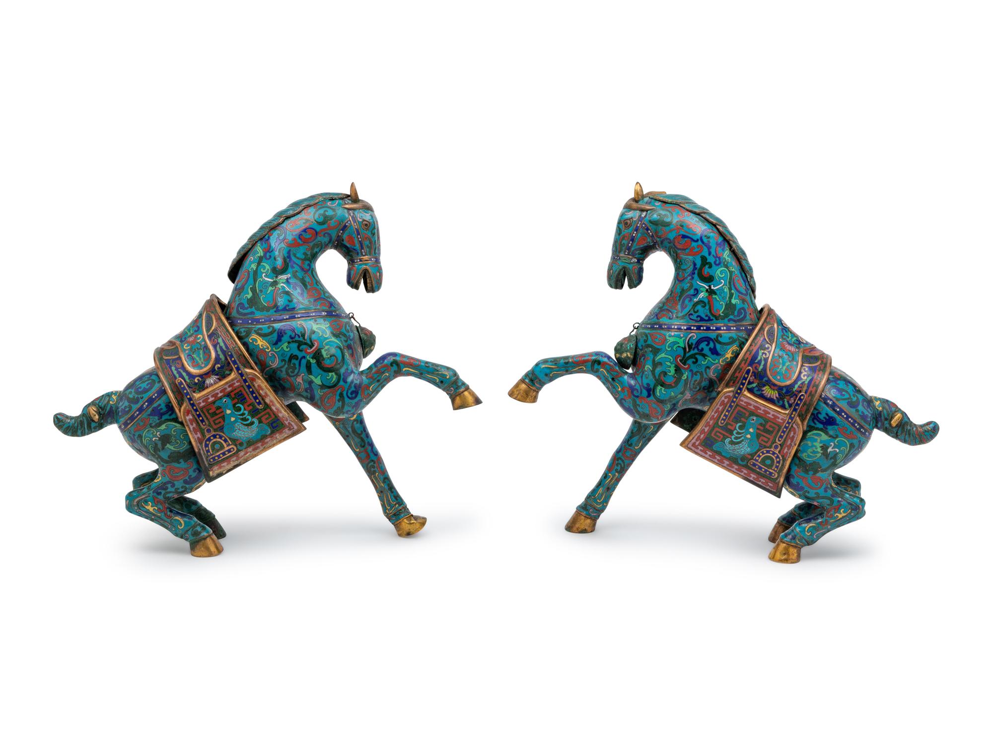 A Pair of Chinese Cloisonne Models of Horses
