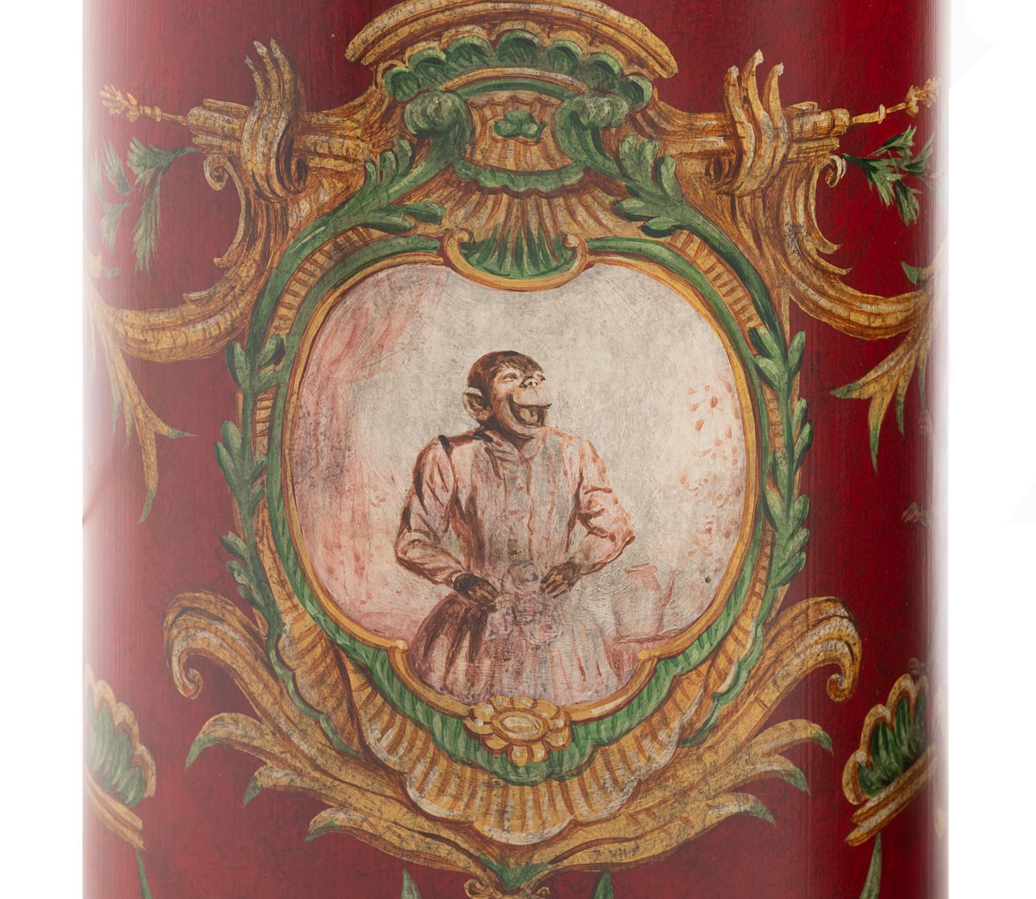A Pair of Polychrome Painted Tea Canisters Mounted as Lamps
