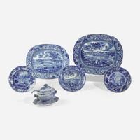 A group of eight Staffordshire Historical Blue tablewares in Philadelphia Views; Joseph Stubbs and others, England, first half 19th century