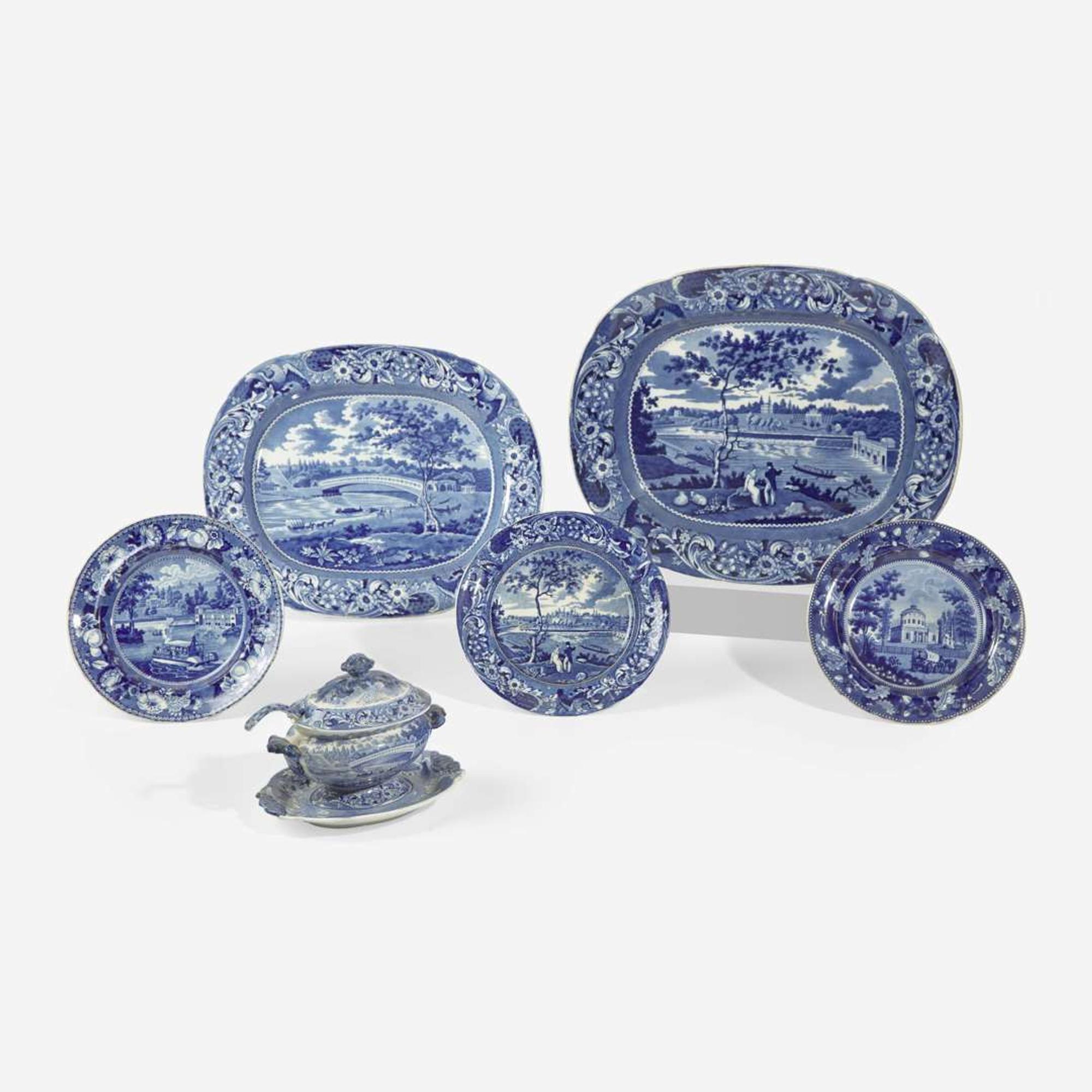 A group of eight Staffordshire Historical Blue tablewares in Philadelphia Views; Joseph Stubbs and others, England, first half 19th century