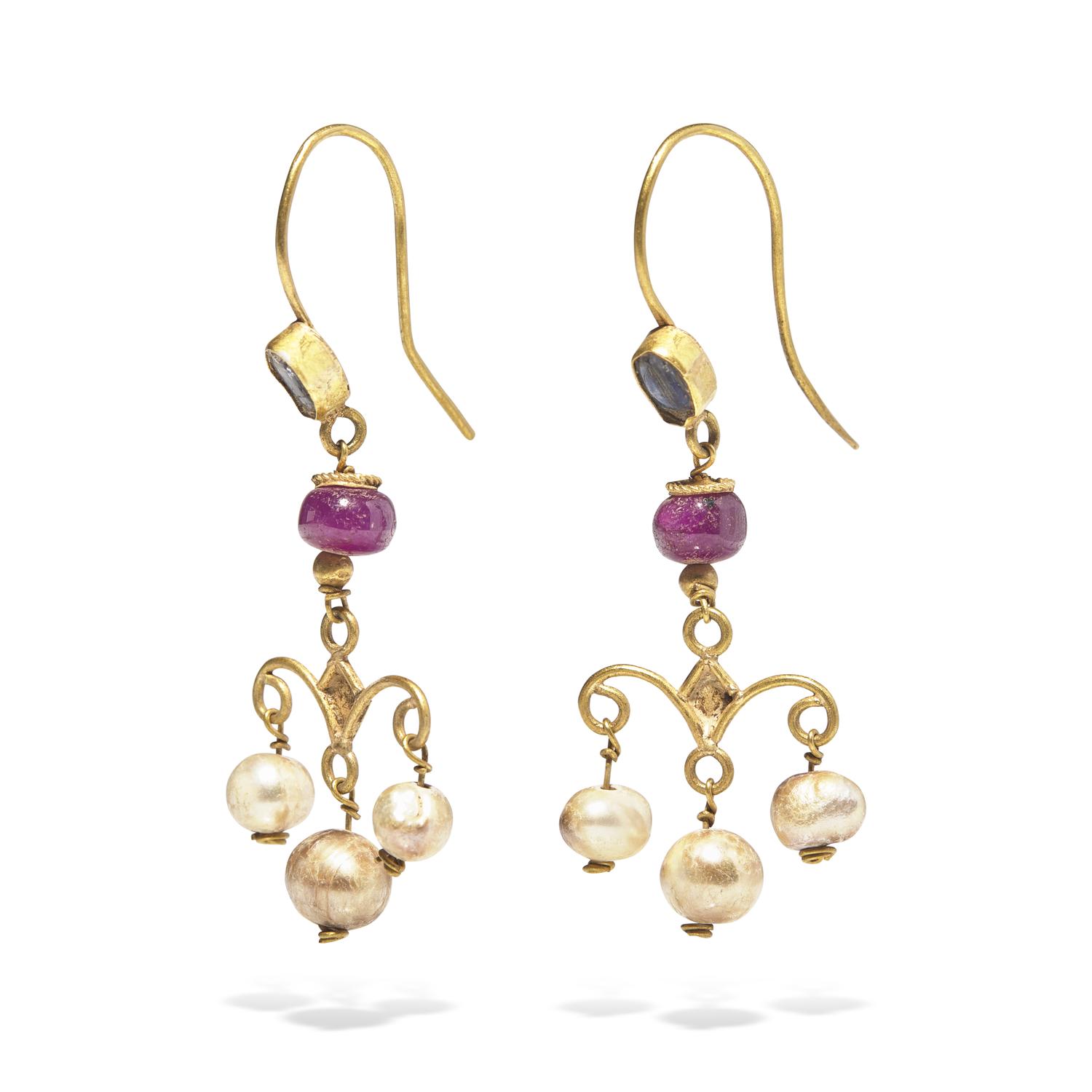 A Pair of Byzantine Gold, Pearl, and Glass Earrings