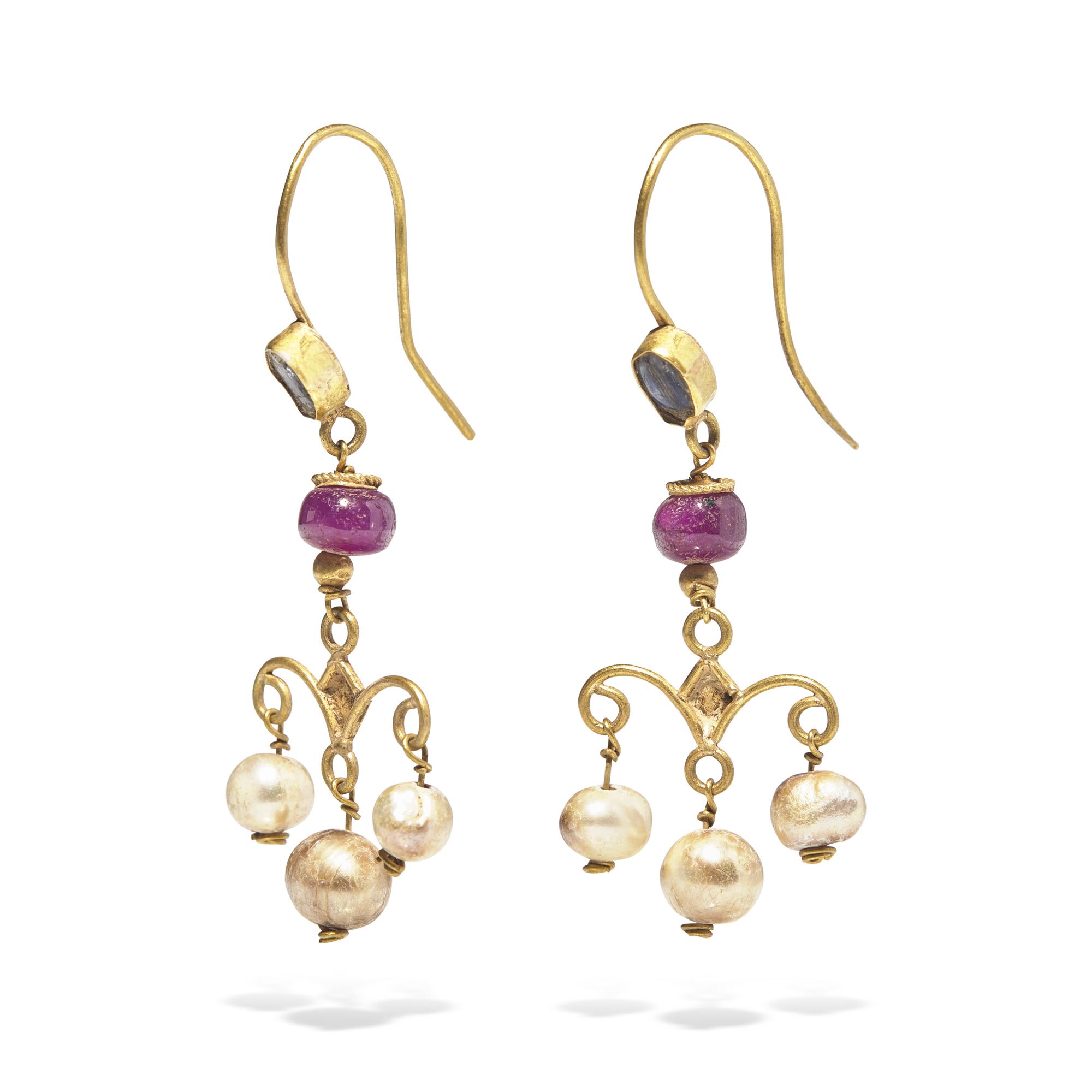 A Pair of Byzantine Gold, Pearl, and Glass Earrings