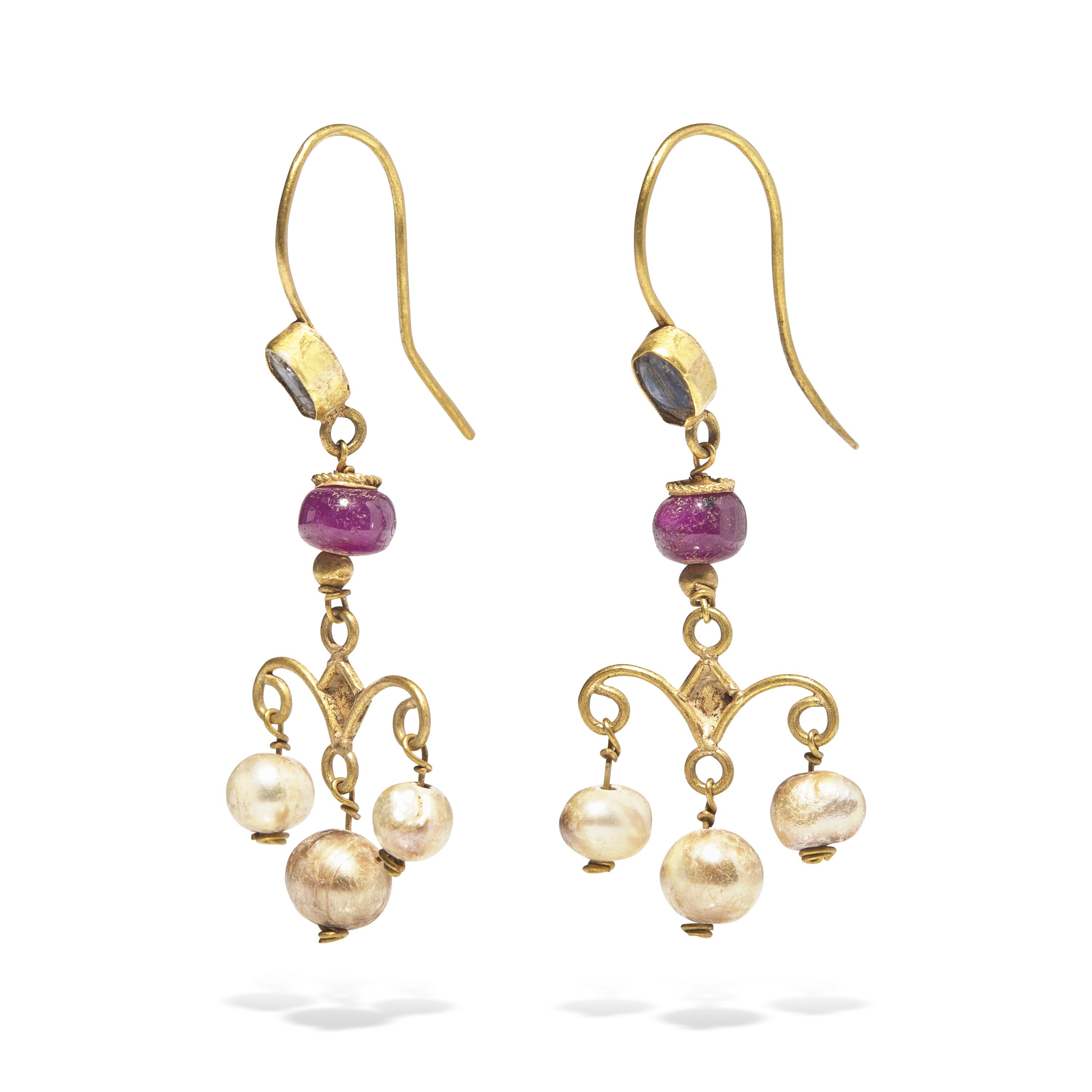 A Pair of Byzantine Gold, Pearl, and Glass Earrings