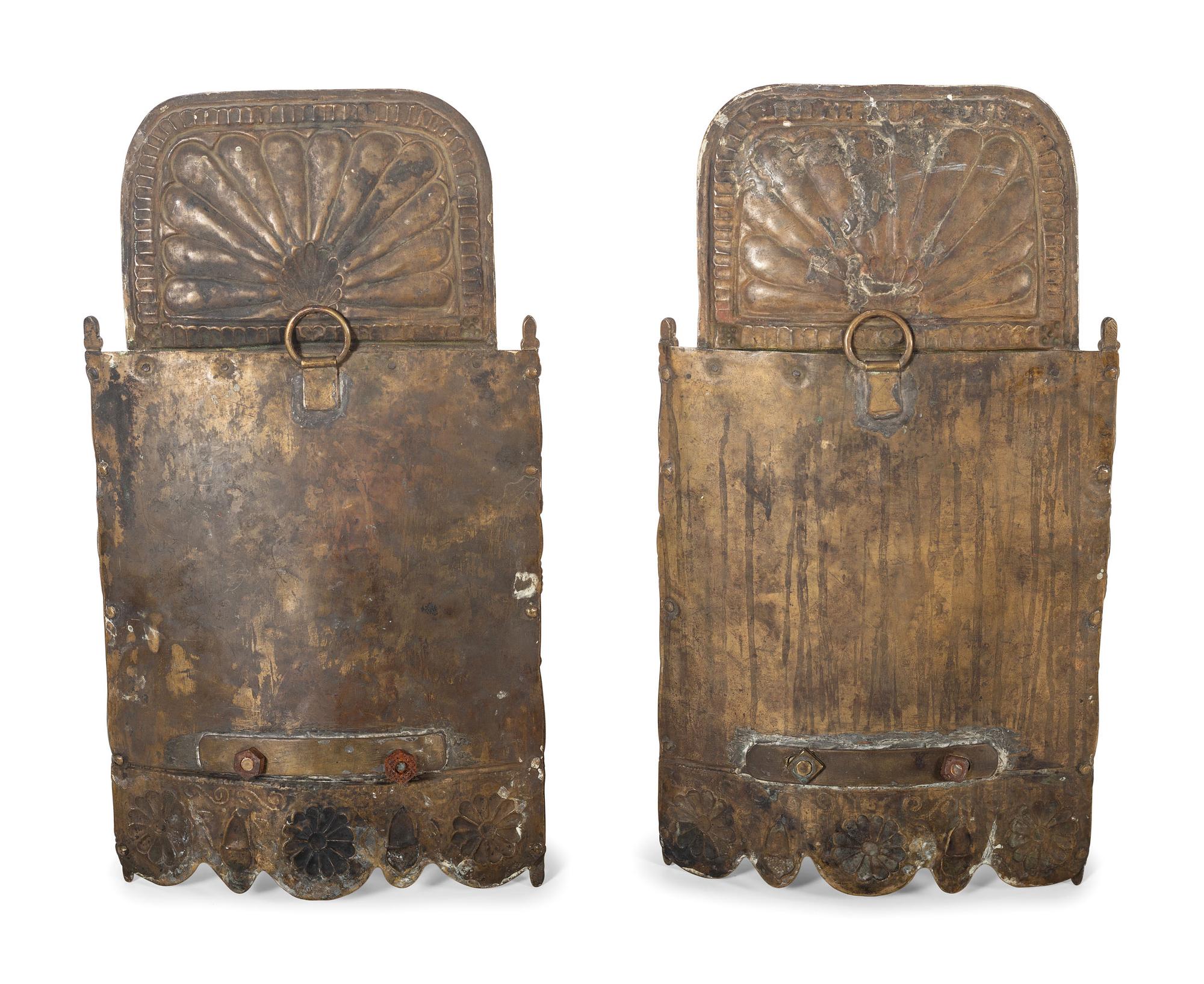 A Pair of Dutch Pressed Brass One-Light Shell-and-Flower Wall Sconces
