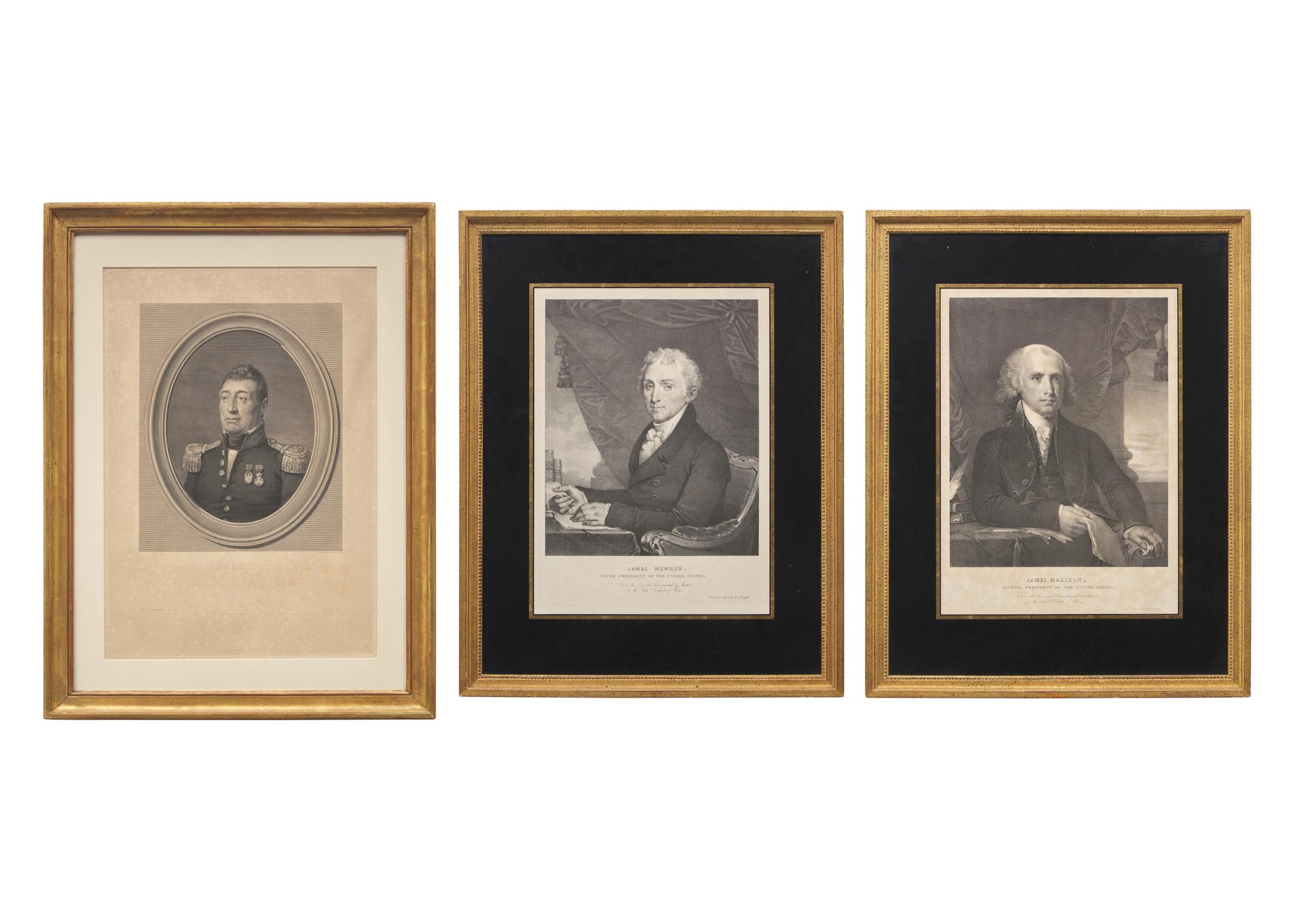 Three Engraved Portraits of Marquis de Lafayette, James Madison, and James Monroe