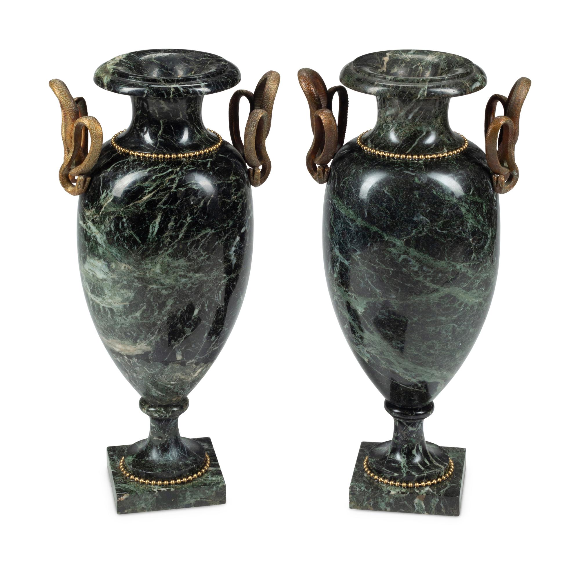 A Pair of French Marble and Bronze Baluster Urns