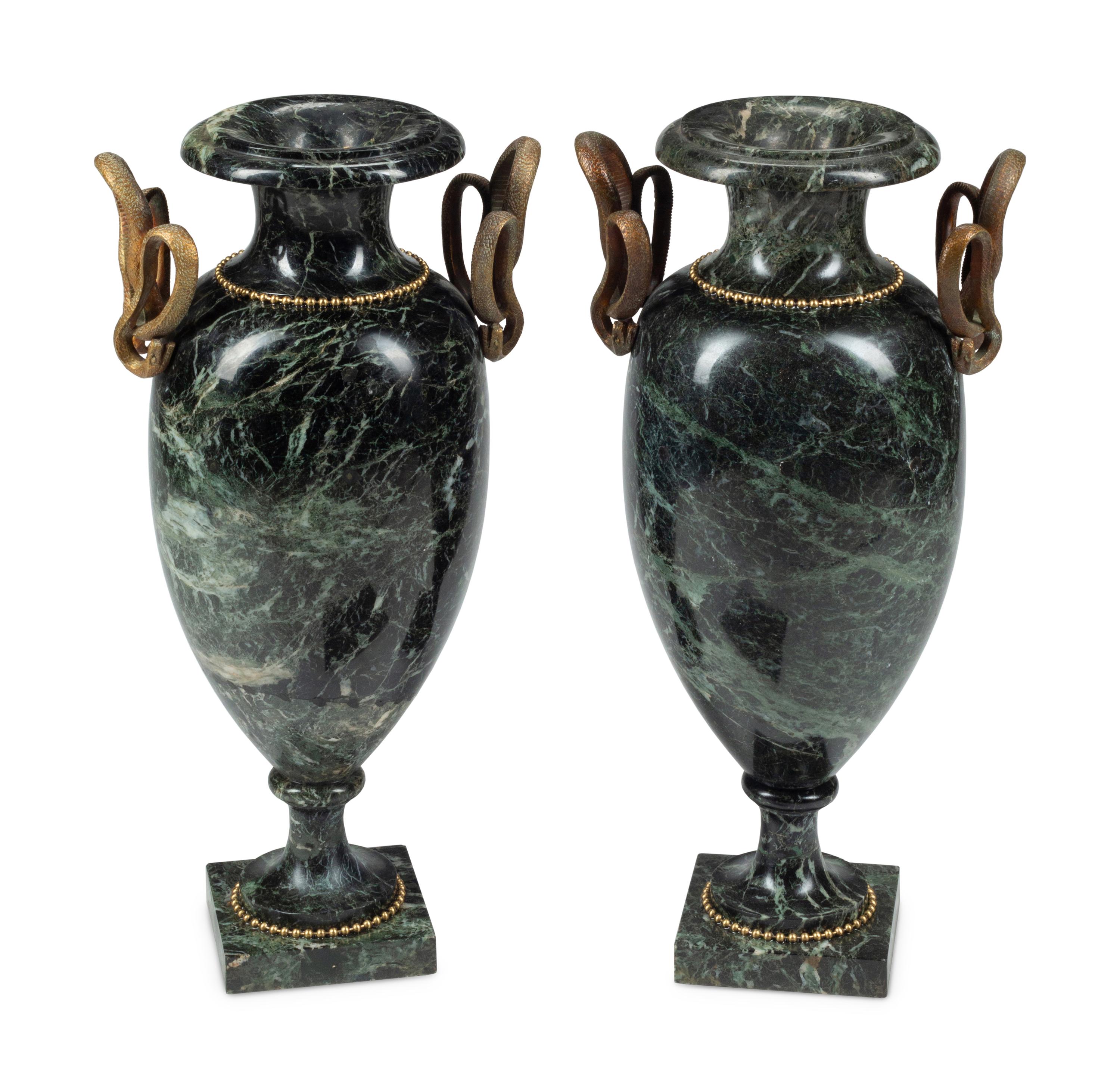 A Pair of French Marble and Bronze Baluster Urns