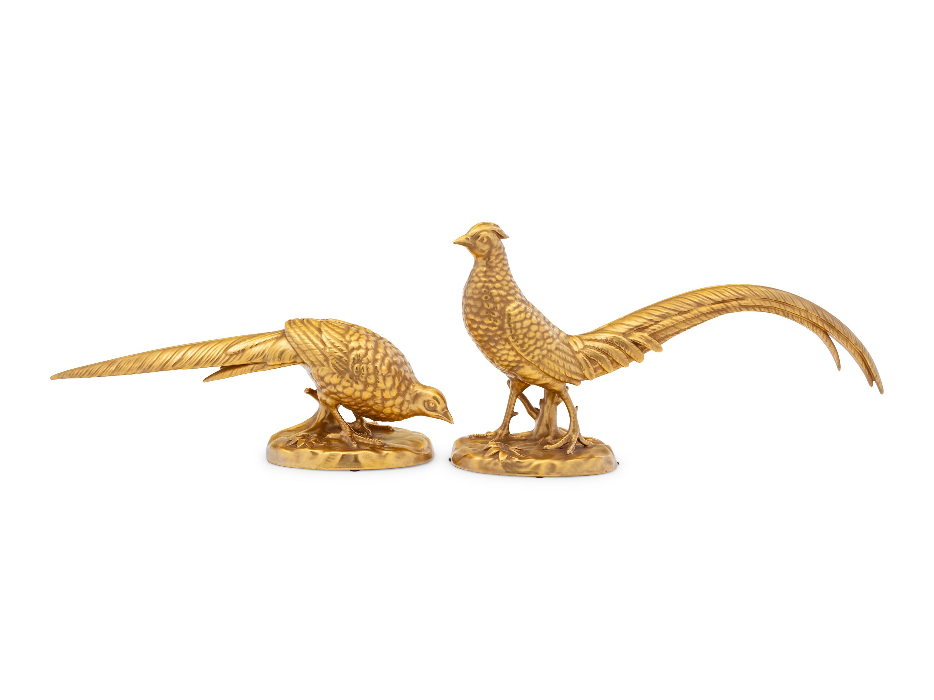 A Pair of Vista Alegre Gilt Porcelain Pheasants