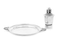 A Johan Rohde for Georg Jensen Silver Acorn Pattern Pepper Mill and Underplate