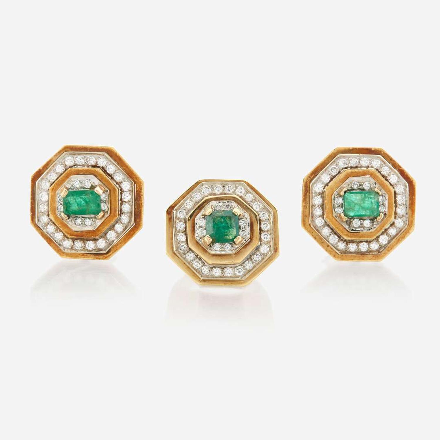 A pair of emerald, diamond, and gold earrings with matching ring