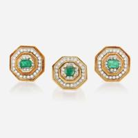 A pair of emerald, diamond, and gold earrings with matching ring