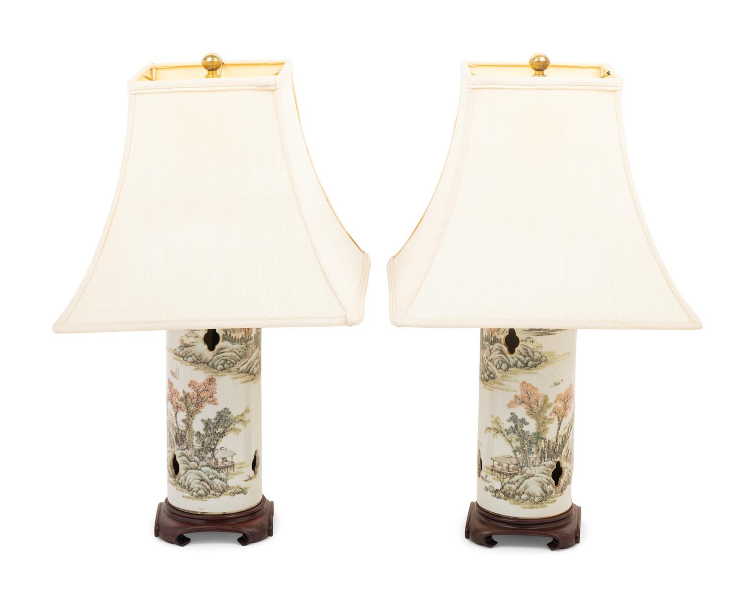A Pair of Chinese Qianjiang Porcelain Hat Holders Mounted as Lamps