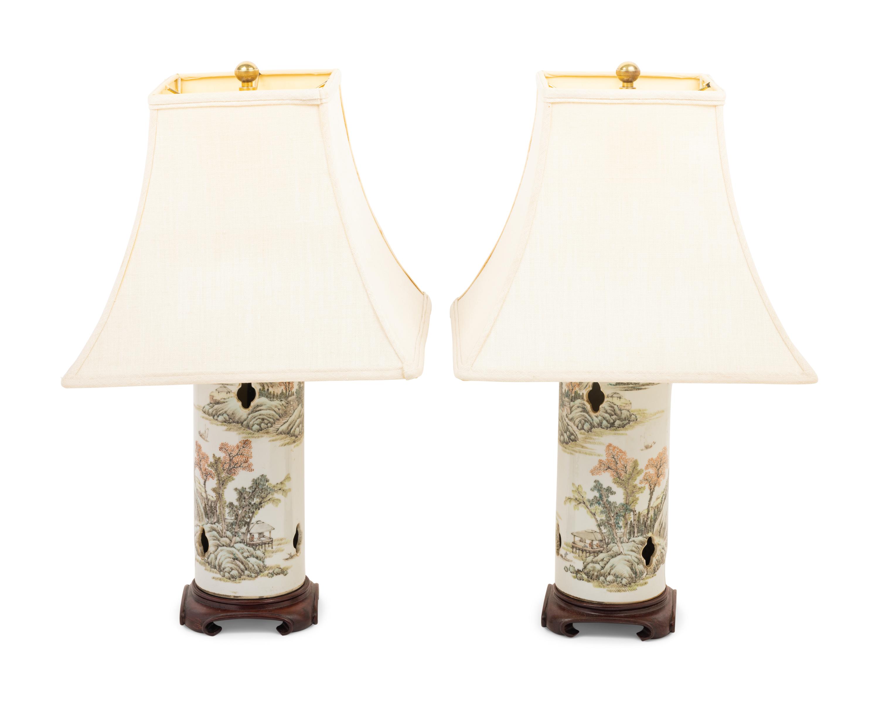 A Pair of Chinese Qianjiang Porcelain Hat Holders Mounted as Lamps