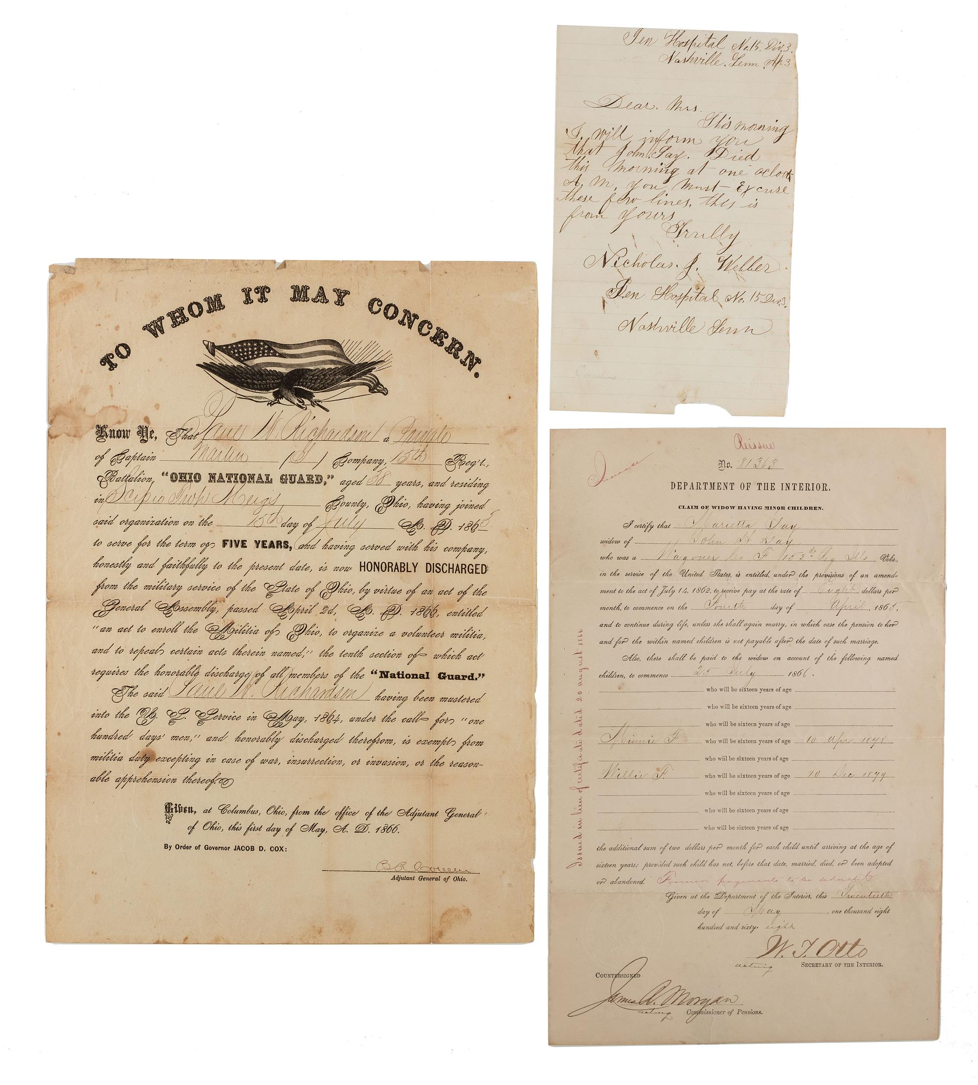 [CIVIL WAR]. A group of 11 Civil War documents from Maine, Pennsylvania, and Ohio.