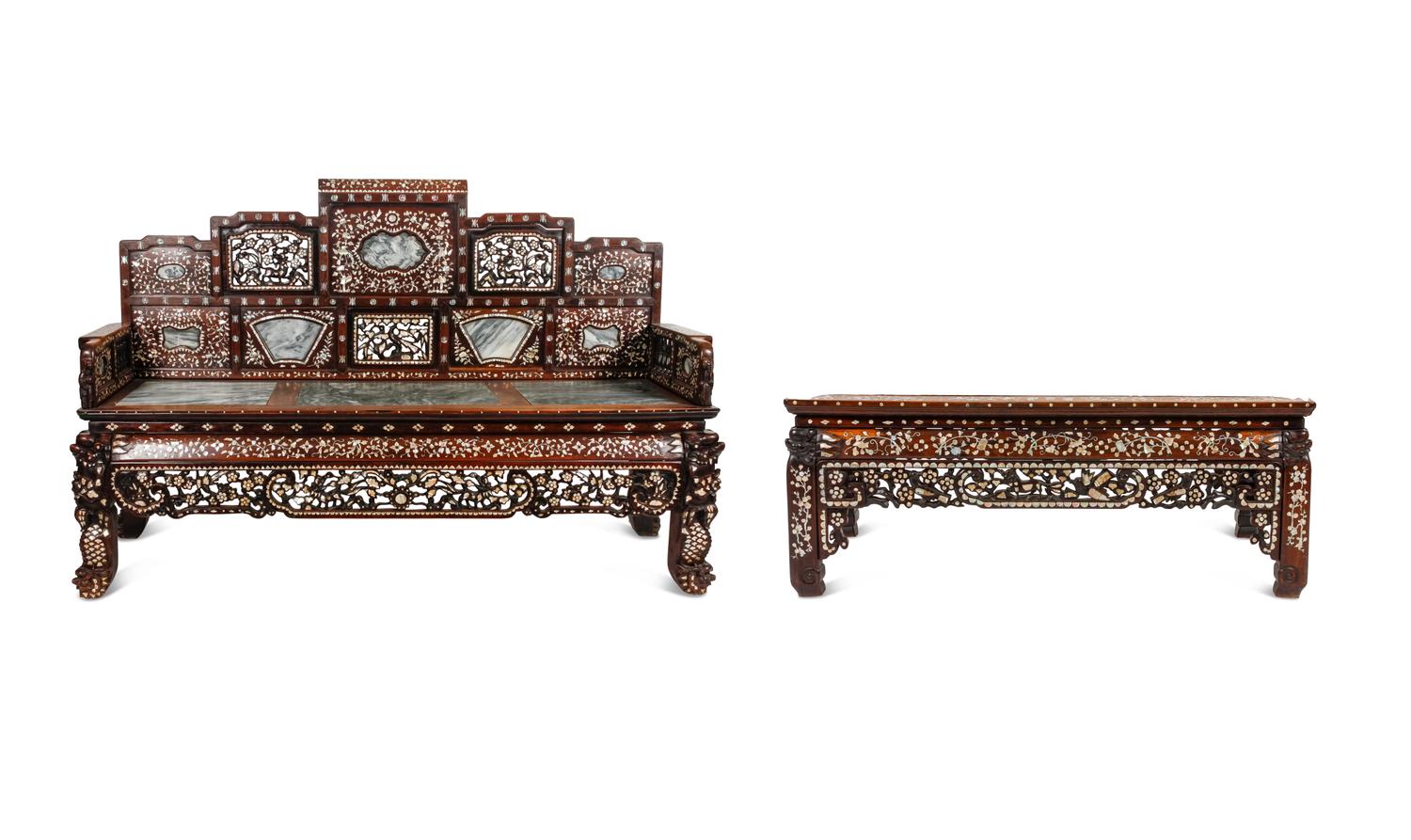 A Chinese Mother-of-Pearl Inlaid Rosewood Settee and a Low Table