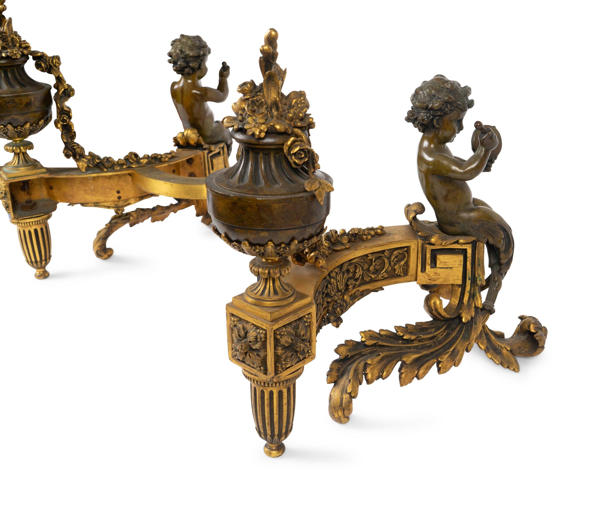 A Pair of Louis XV Style Bronze and Gilt Bronze Chenets — 19TH CENTURY