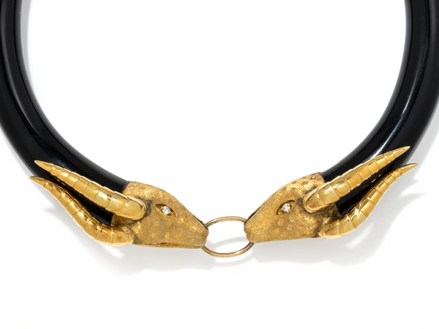ONYX, YELLOW GOLD AND DIAMOND IMPALA COLLAR NECKLACE