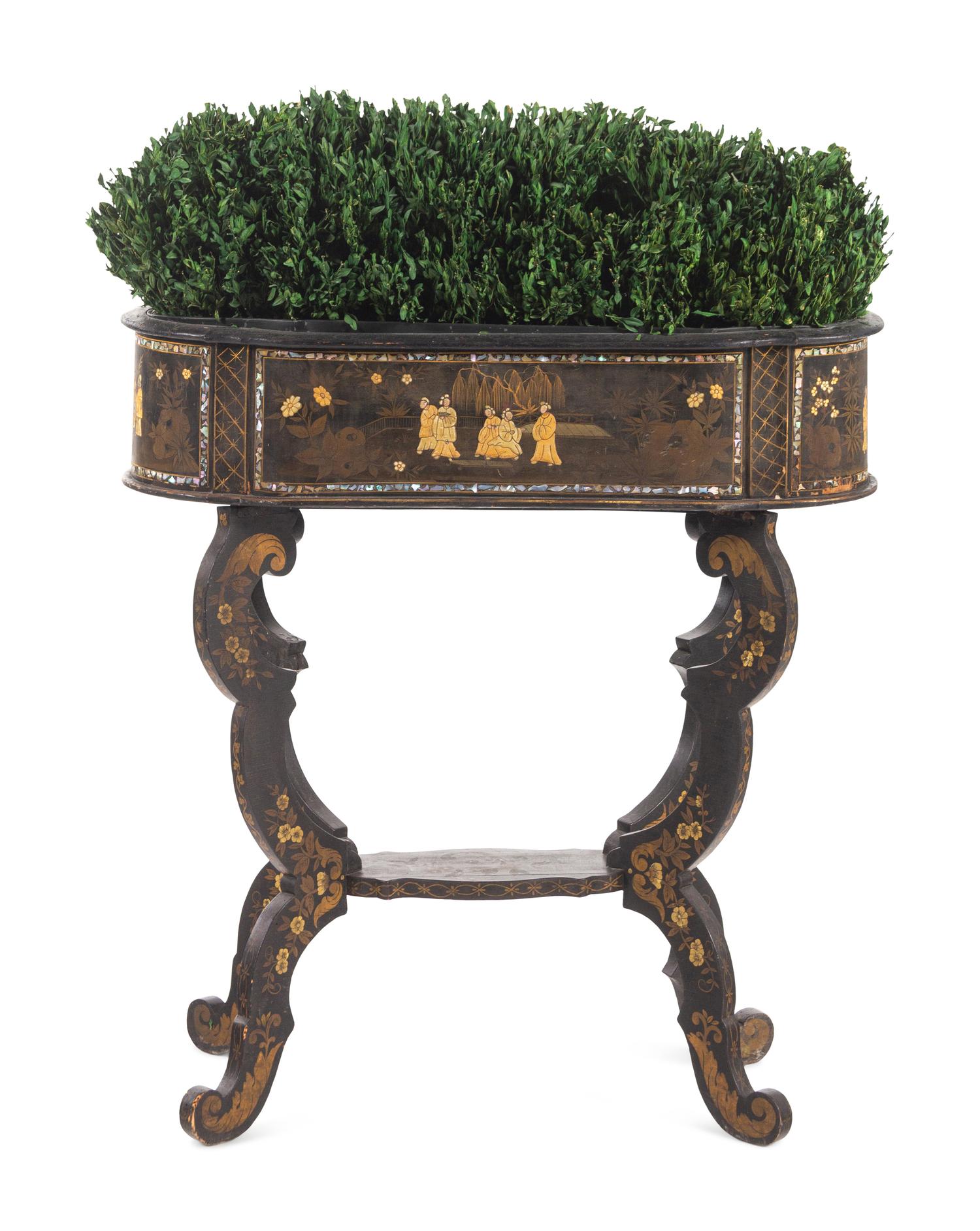 A Victorian Mother of Pearl-Inlaid and Black Japanned Jardinière Stand