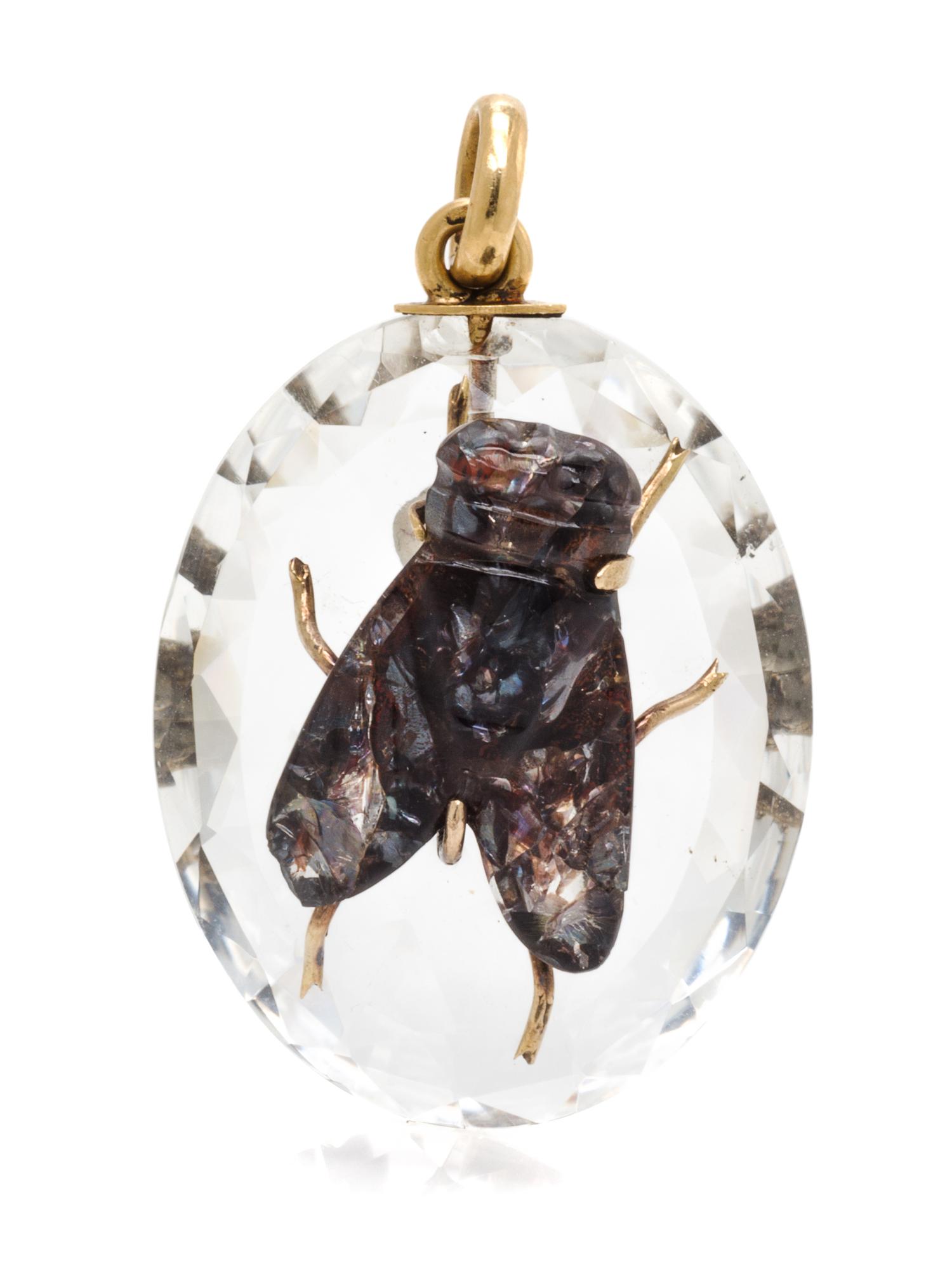 A Victorian Yellow Gold, Carved Chalcedony and Rock Crystal Fly Motif Pendant, 9.30 dwts.