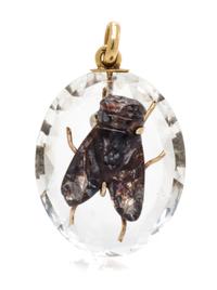 A Victorian Yellow Gold, Carved Chalcedony and Rock Crystal Fly Motif Pendant, 9.30 dwts.