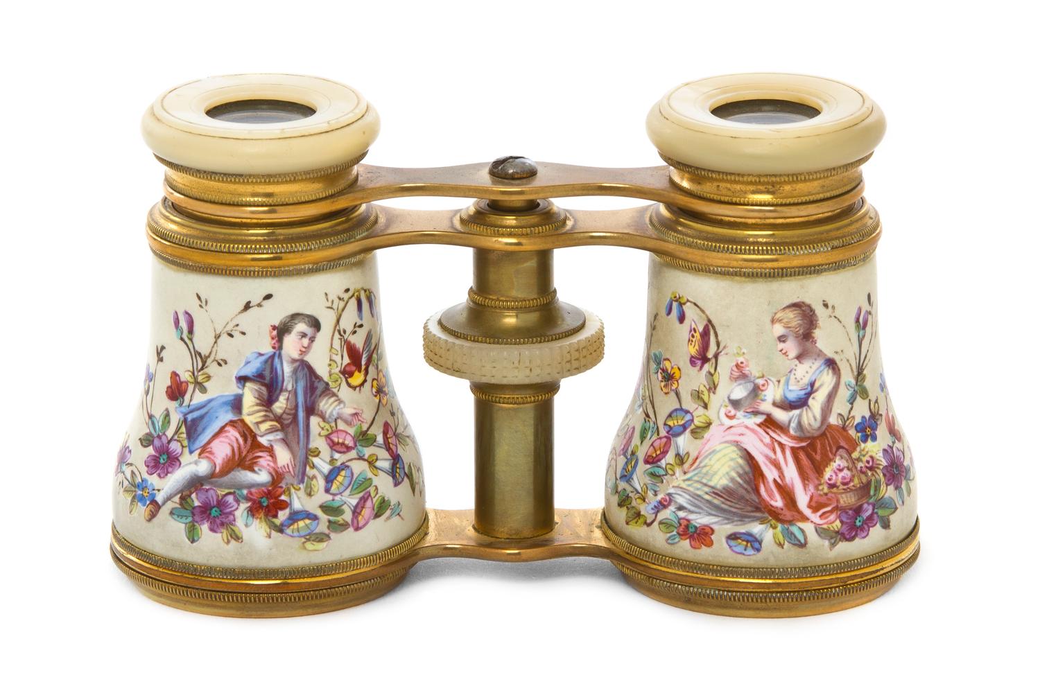 A Pair of French Enameled Opera Glasses, Width 4 1/8 inches.