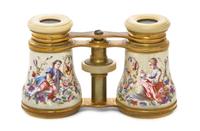 A Pair of French Enameled Opera Glasses, Width 4 1/8 inches.