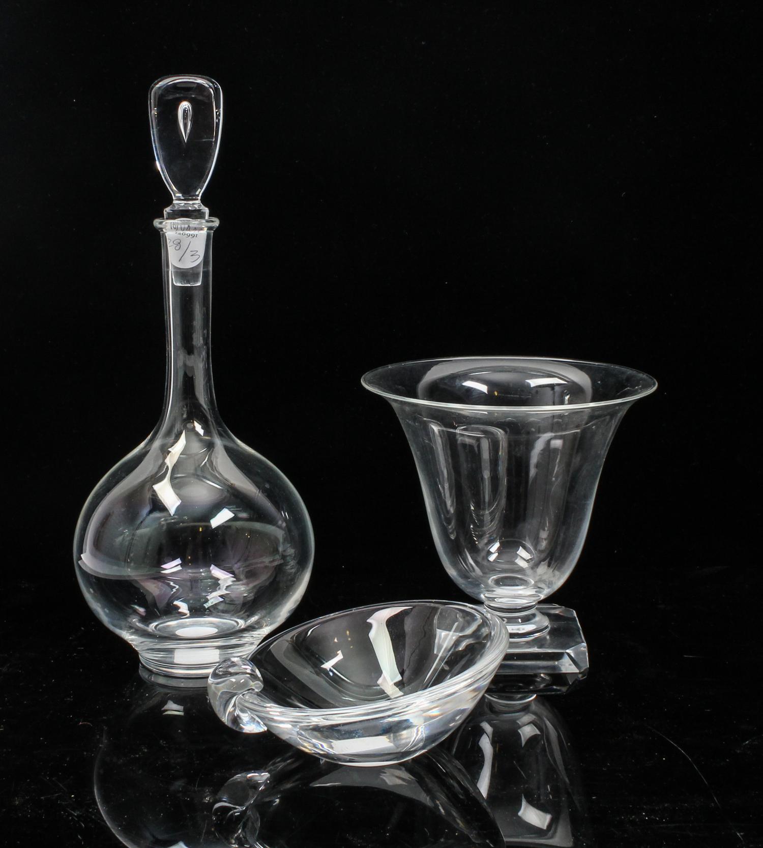 A Collection of Three Steuben Glass Articles Height of tallest 12 inches.