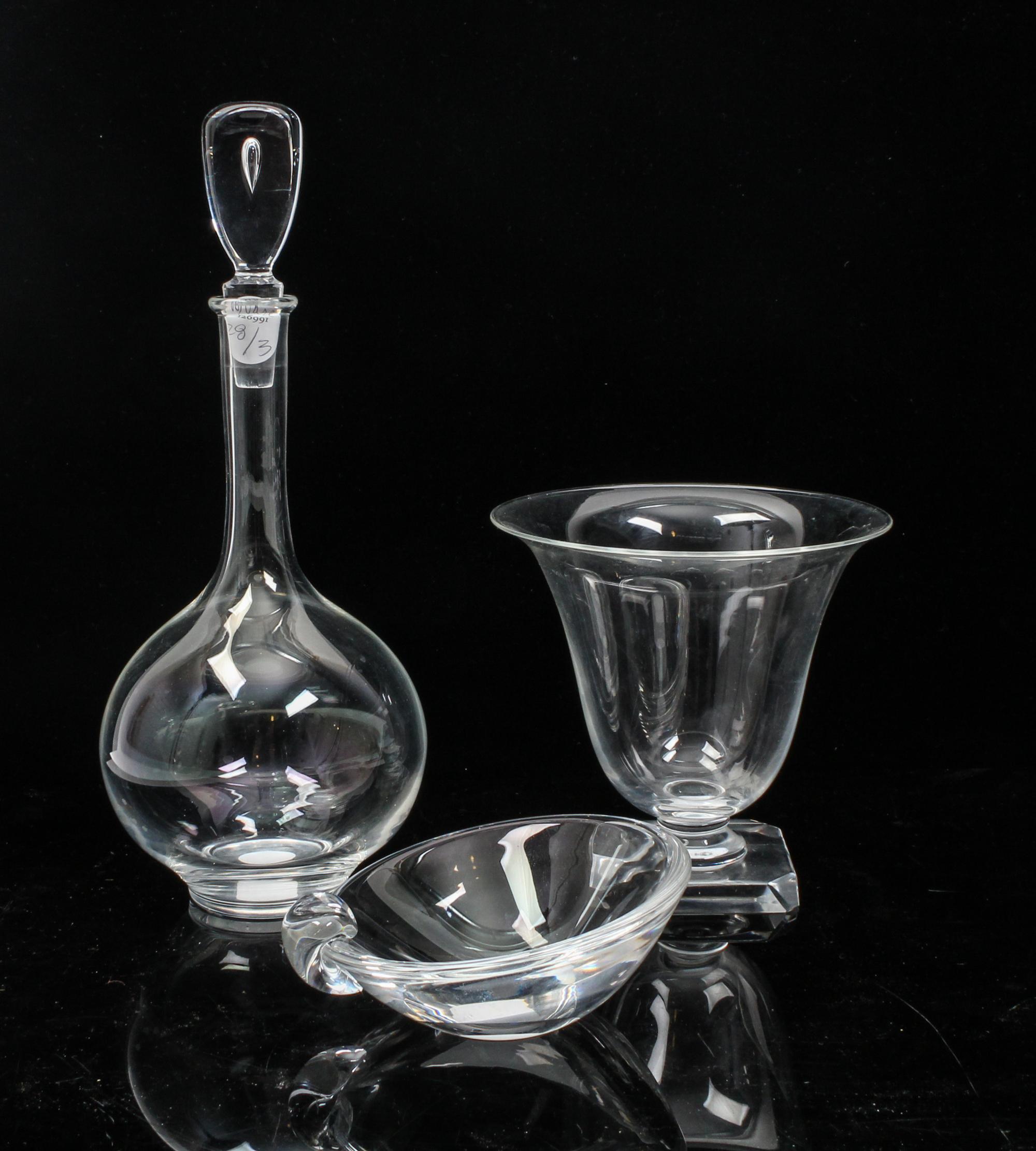 A Collection of Three Steuben Glass Articles Height of tallest 12 inches.