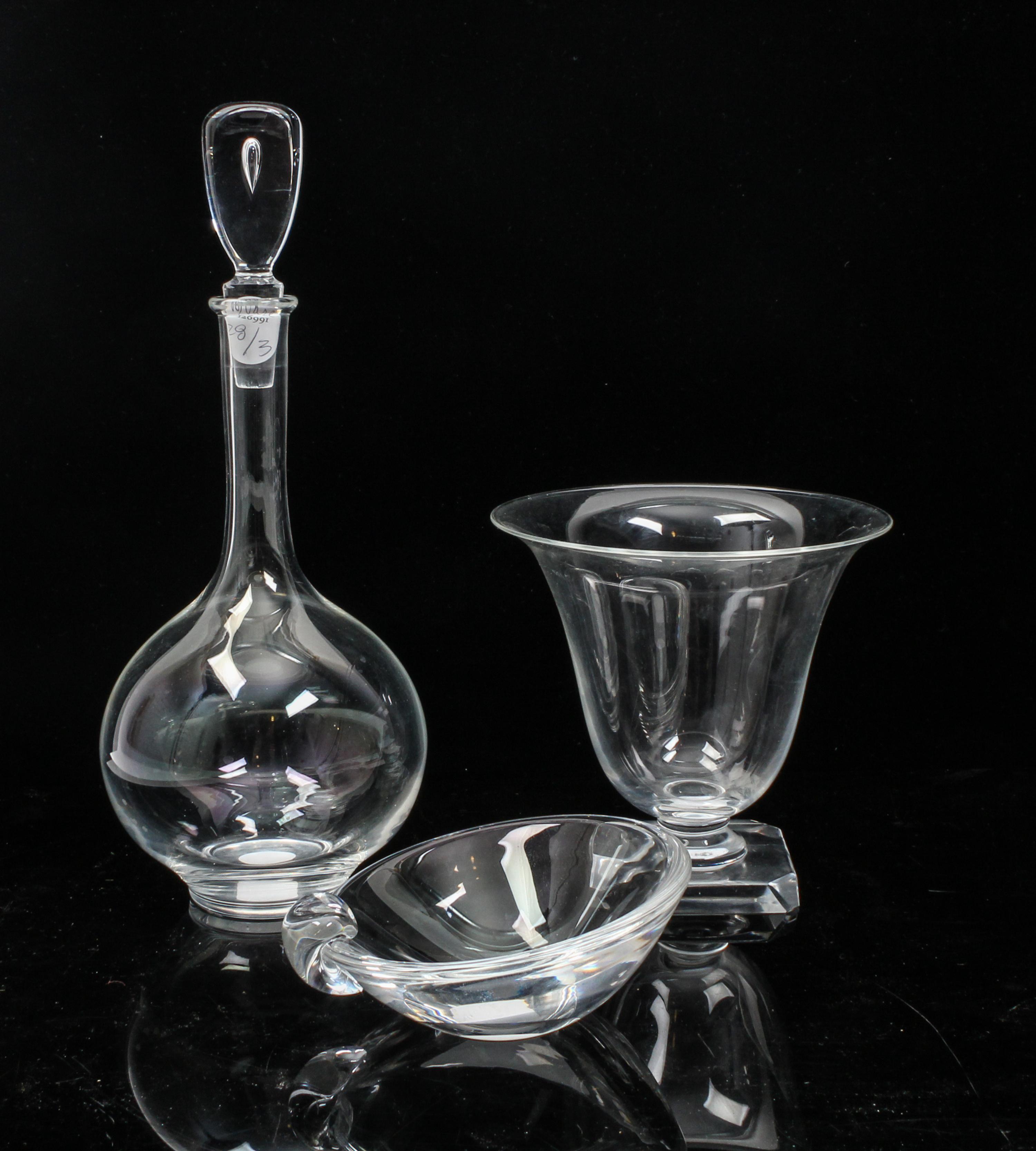 A Collection of Three Steuben Glass Articles Height of tallest 12 inches.