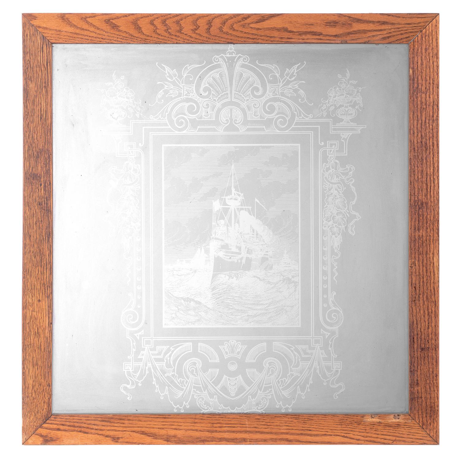 A Frosted and Etched Window Depicting the USS Maine