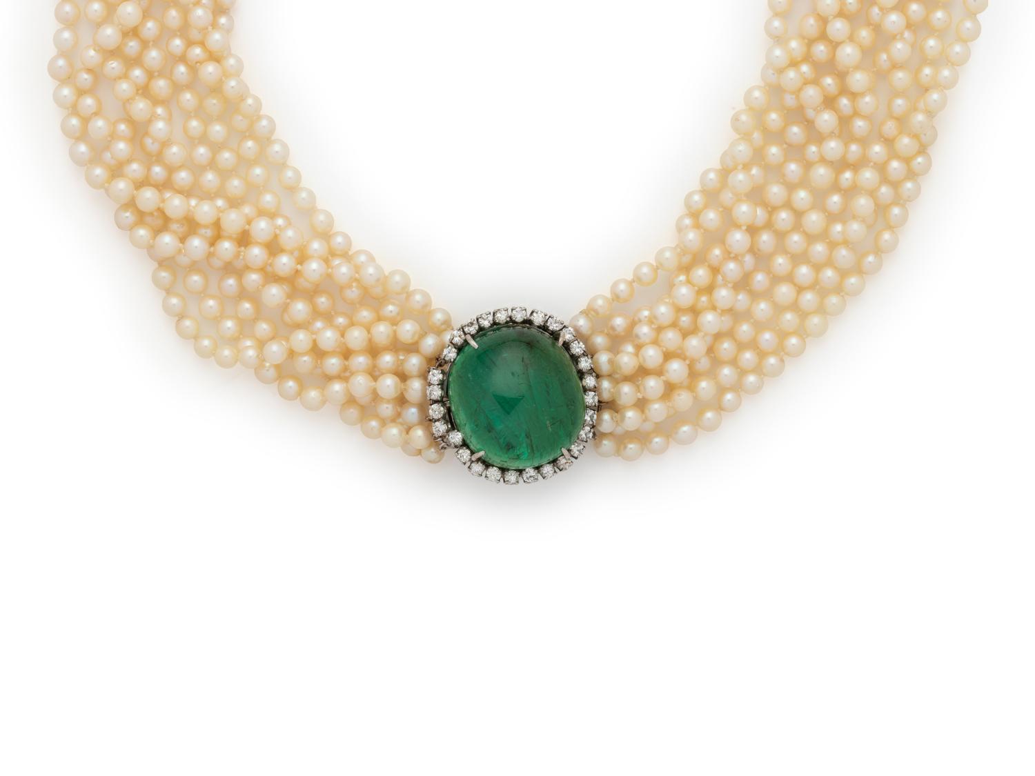 CULTURED PEARL, EMERALD AND DIAMOND TORSADE NECKLACE