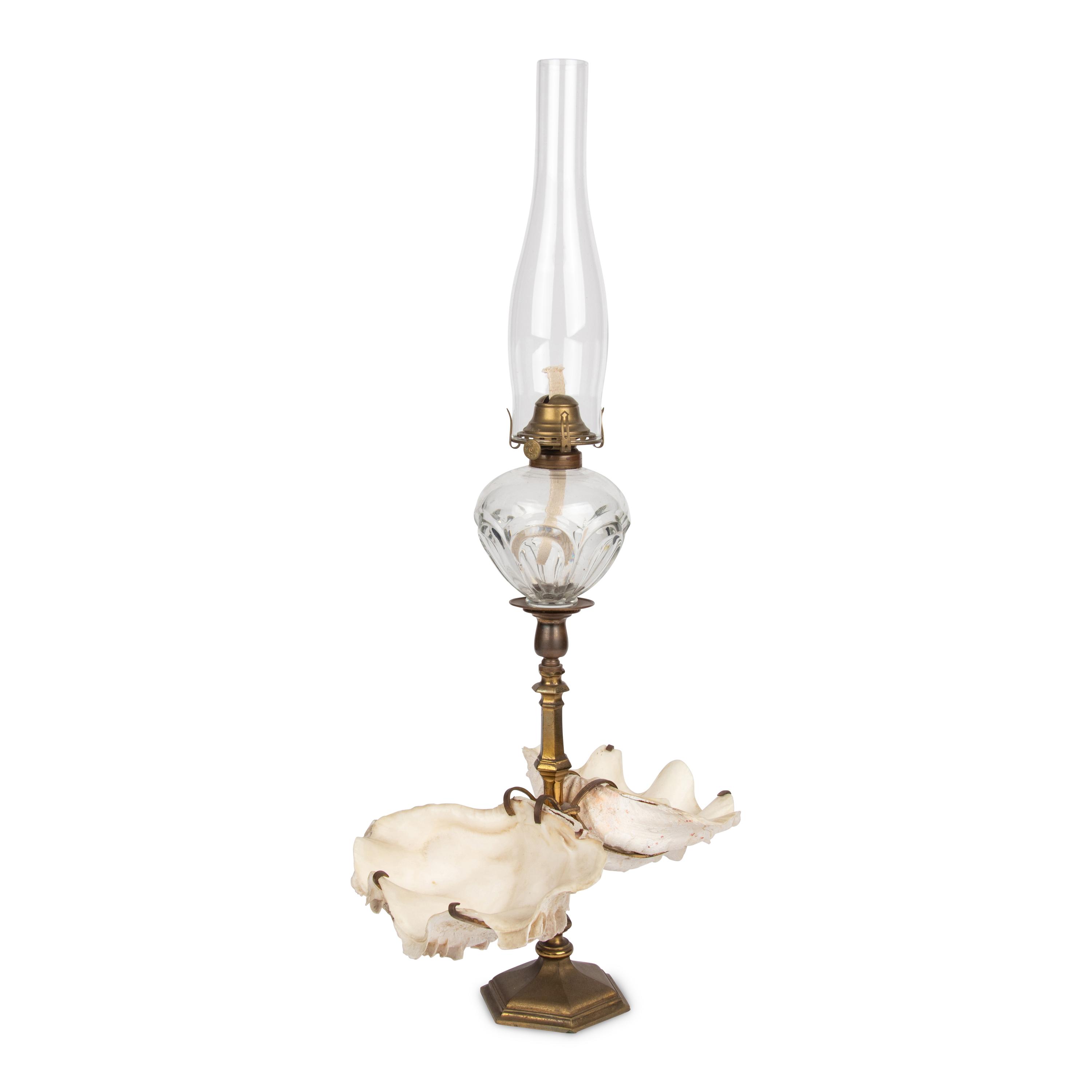 A Gilt Bronze and Clamshell Mounted Glass Oil Lamp