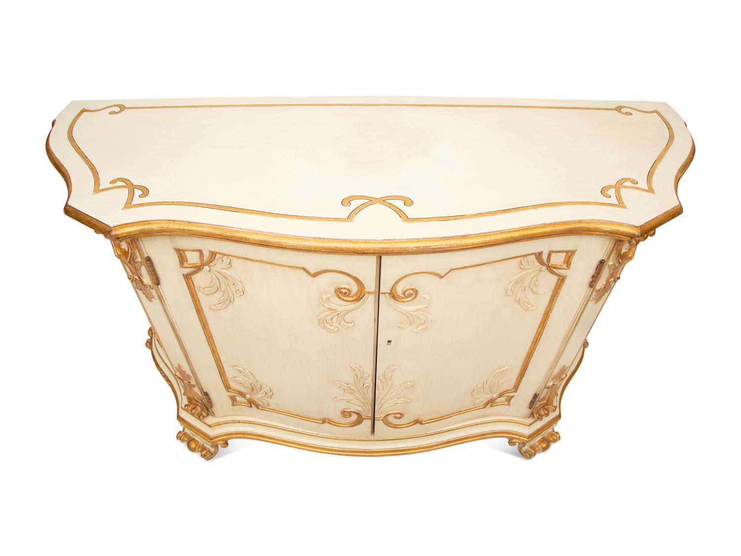 A Pair of Painted and Parcel Gilt Serpentine-Front Cabinets
