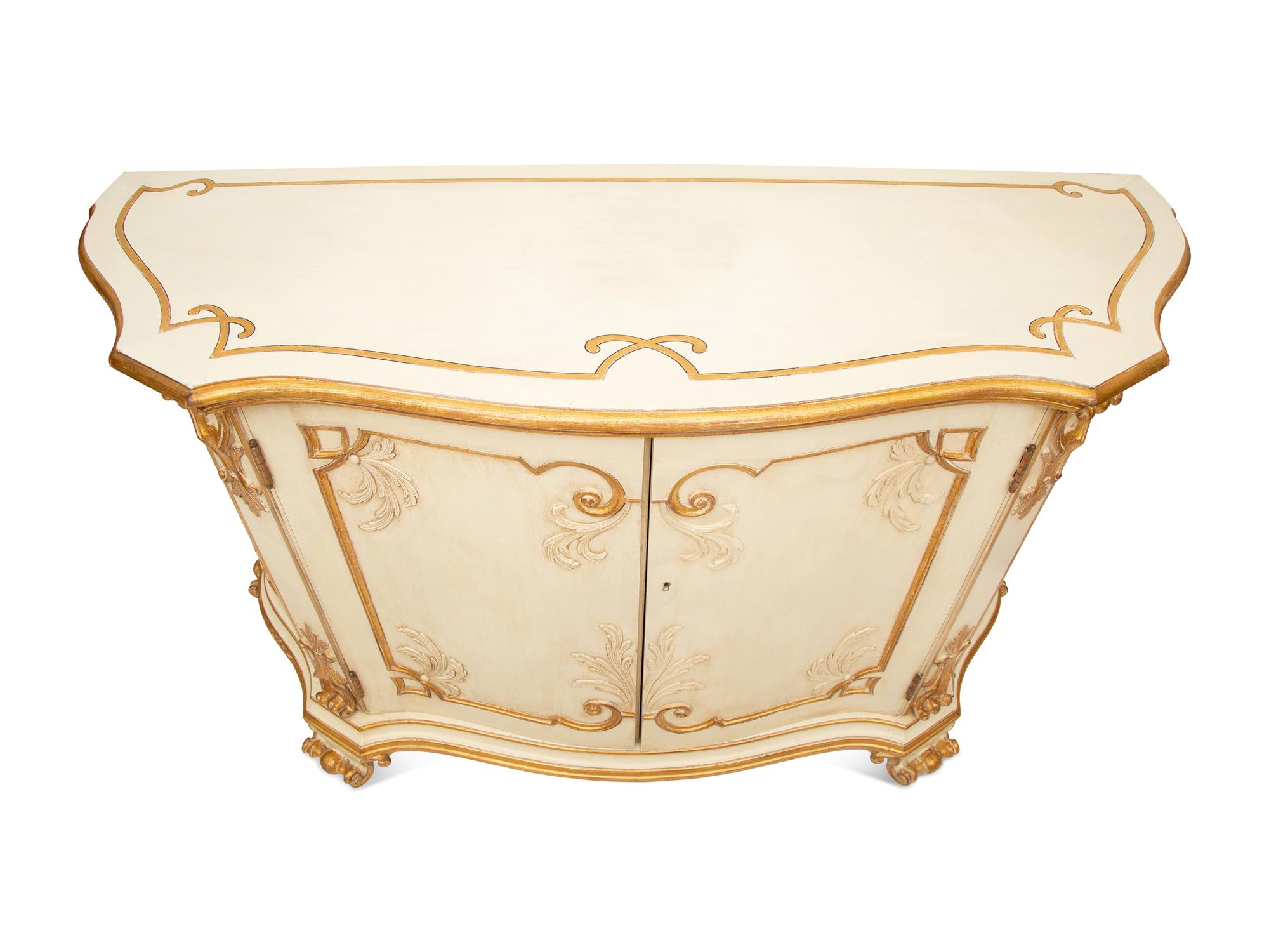 A Pair of Painted and Parcel Gilt Serpentine-Front Cabinets