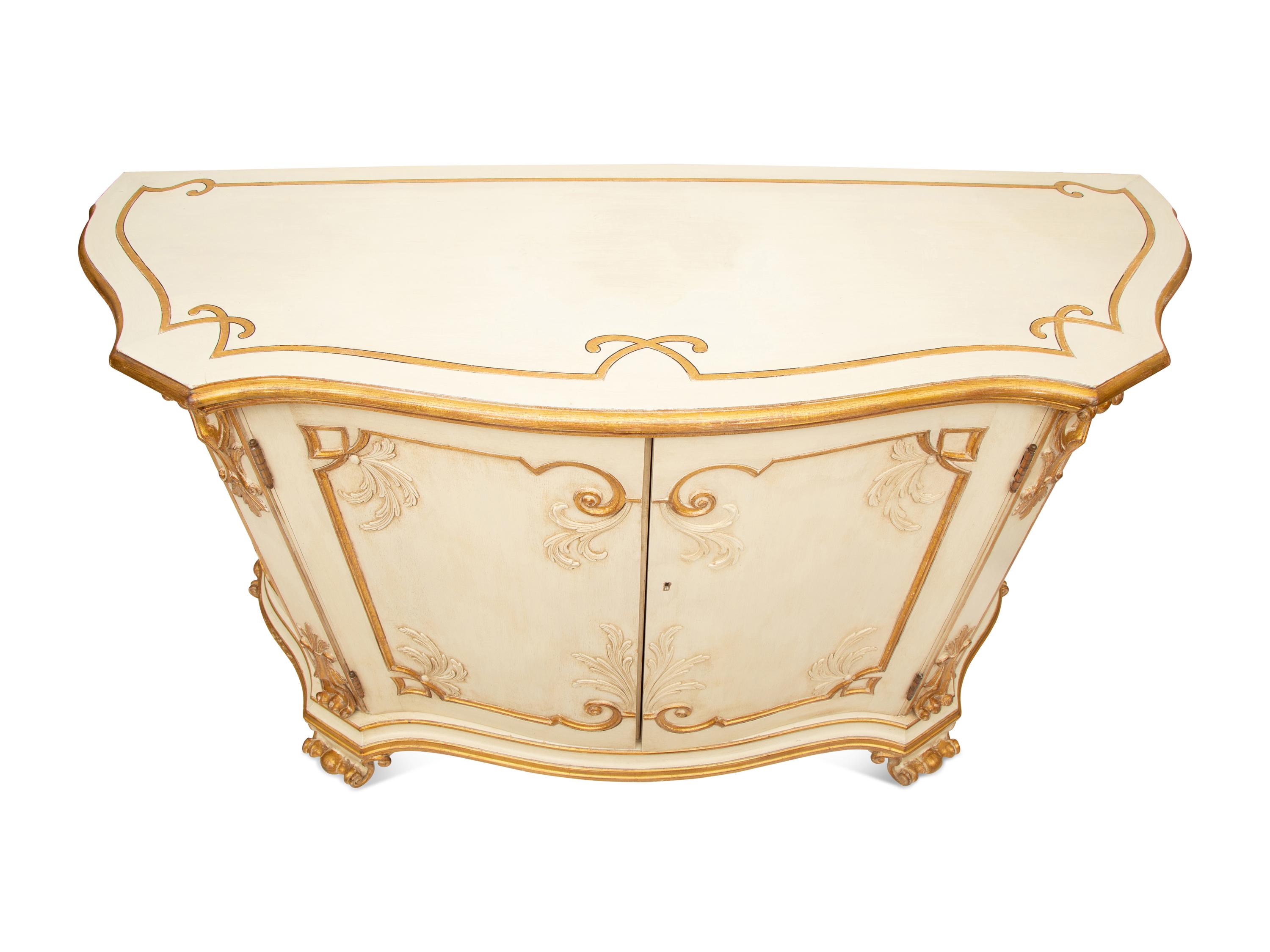 A Pair of Painted and Parcel Gilt Serpentine-Front Cabinets