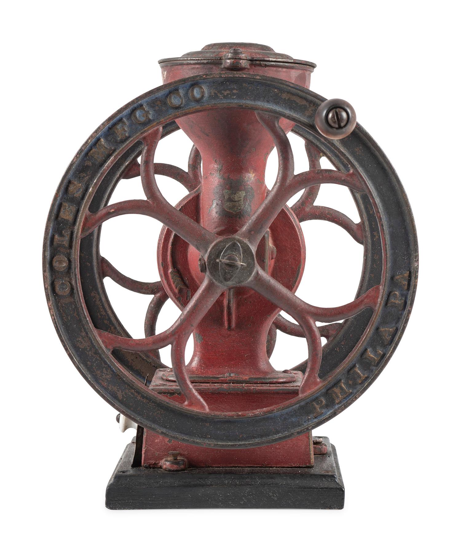 A Coles Manufacturing Cast Iron Double-Wheeled Coffee Grinder