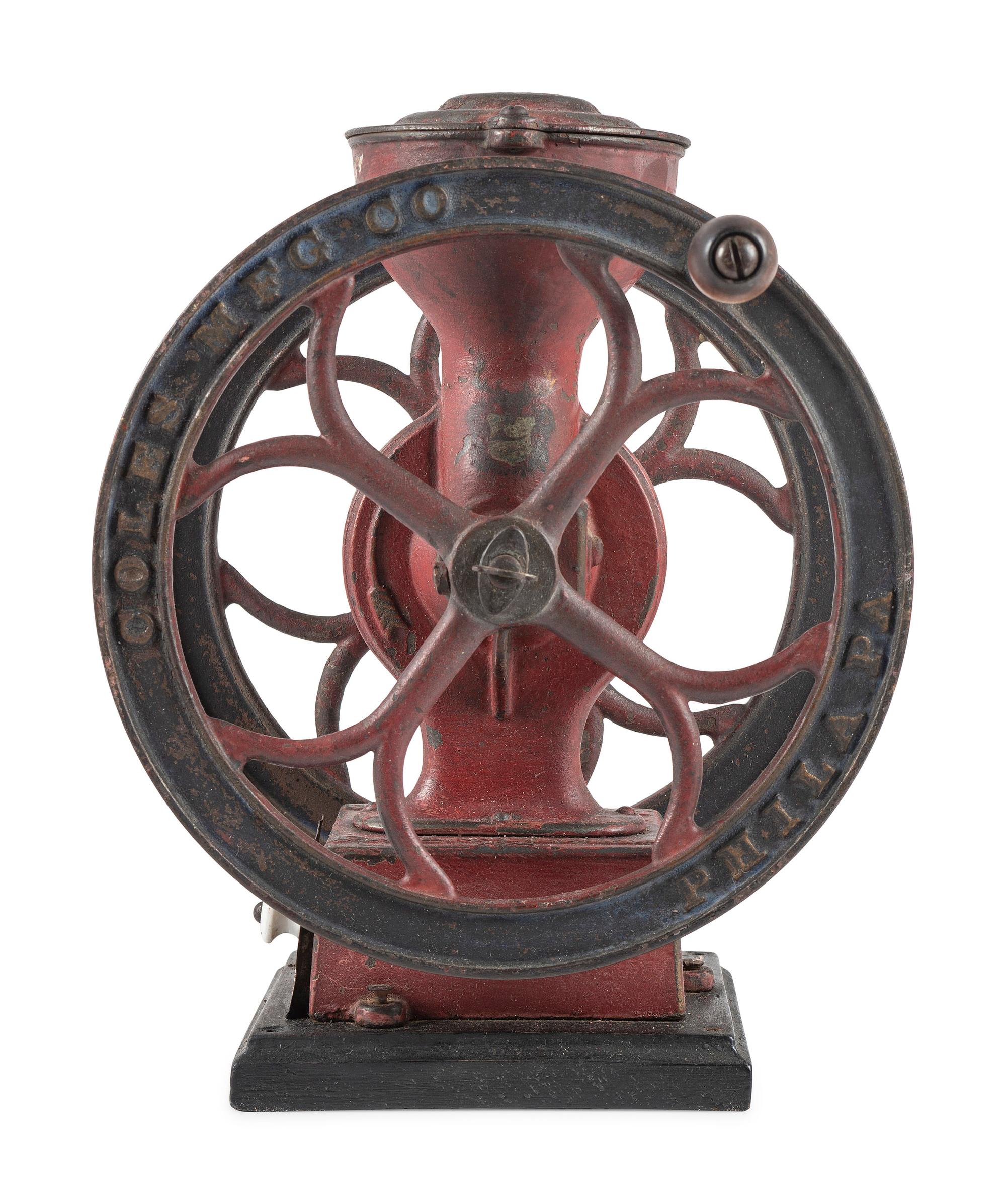 A Coles Manufacturing Cast Iron Double-Wheeled Coffee Grinder