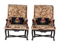 A Pair of Louis XV Style Carved Walnut Needlepoint Upholstered Fauteuils