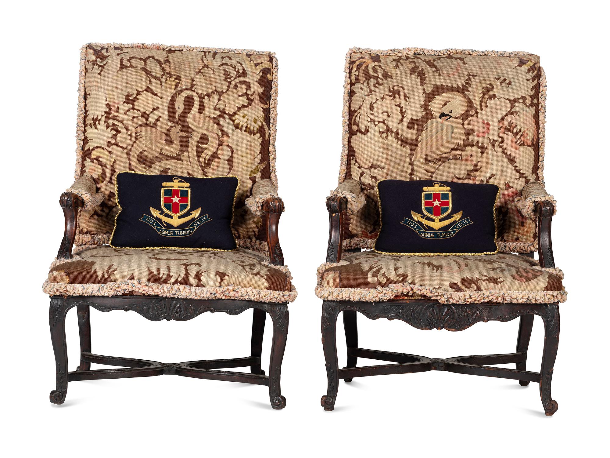A Pair of Louis XV Style Carved Walnut Needlepoint Upholstered Fauteuils